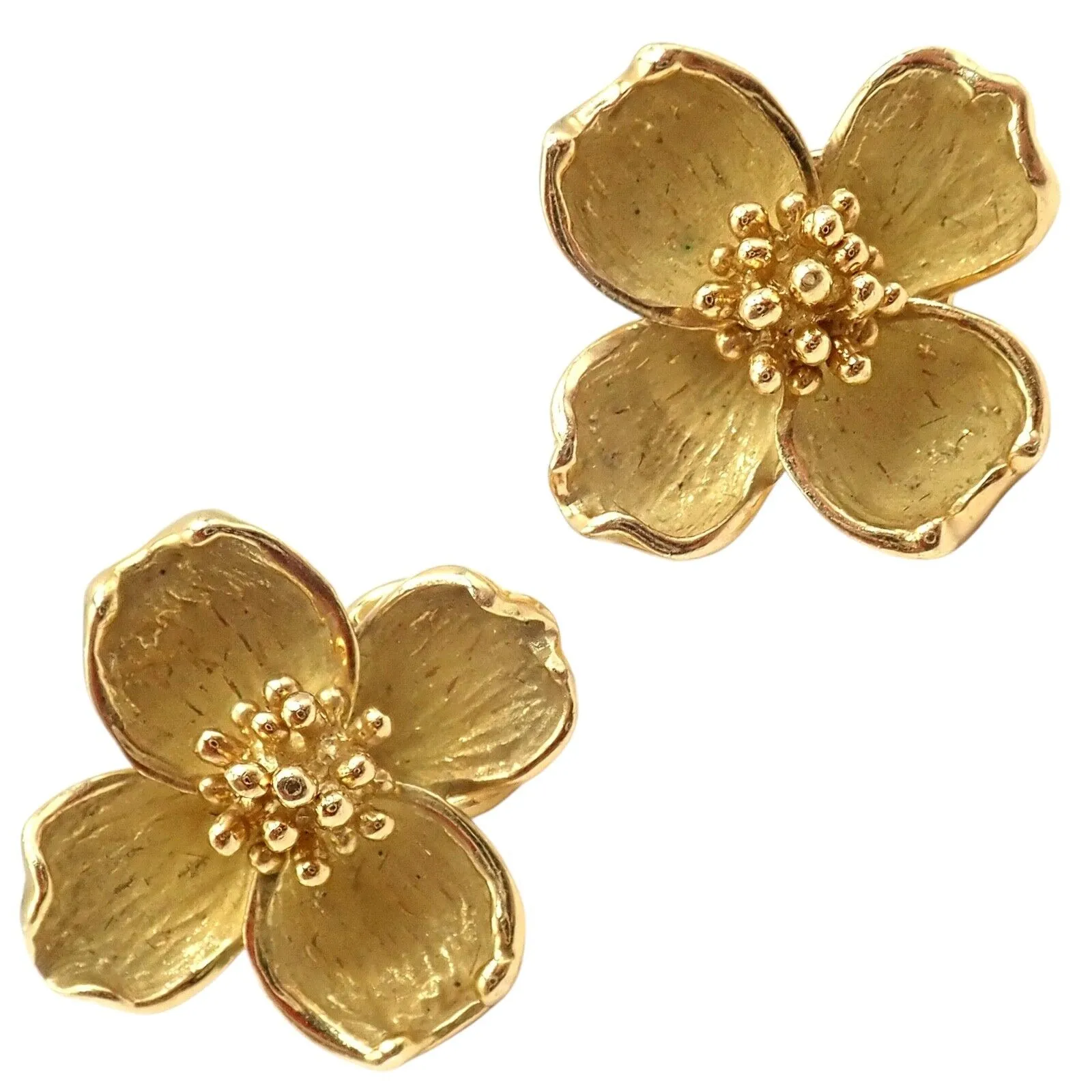 Authentic! Vintage Tiffany & Co 18K Yellow Gold Dogwood Flower Earrings