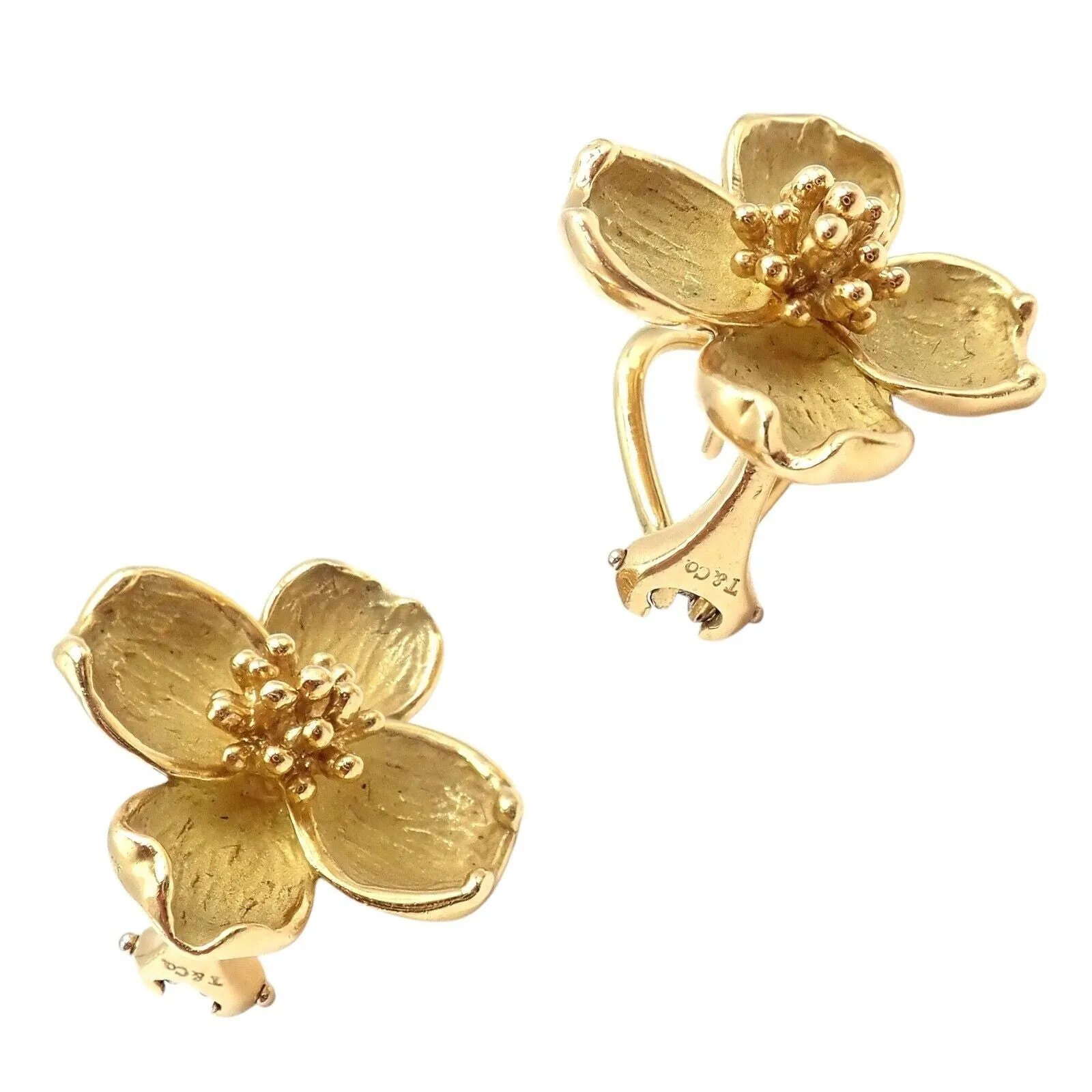 Authentic! Vintage Tiffany & Co 18K Yellow Gold Dogwood Flower Earrings