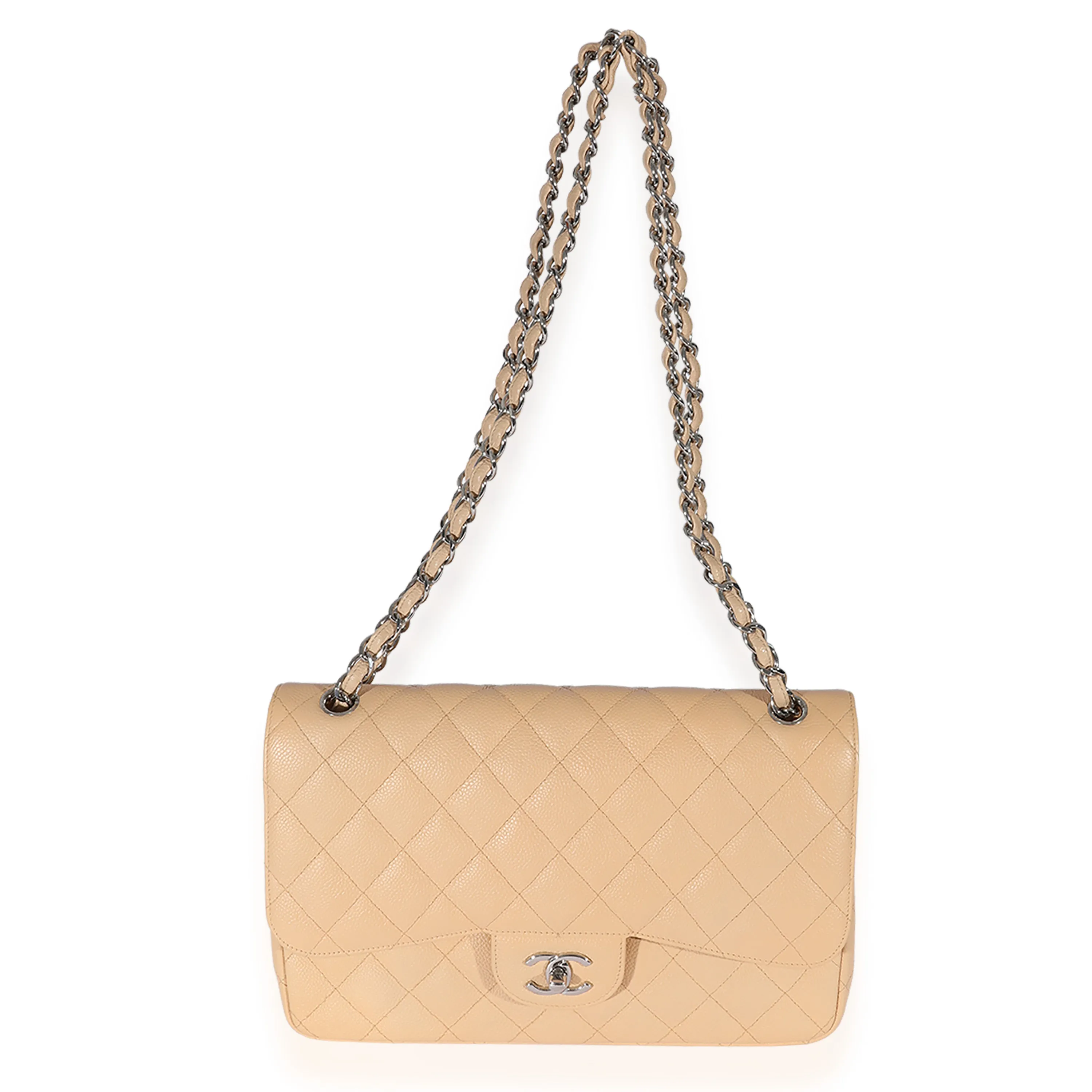 Beige Quilted Caviar Jumbo Classic Double Flap Bag