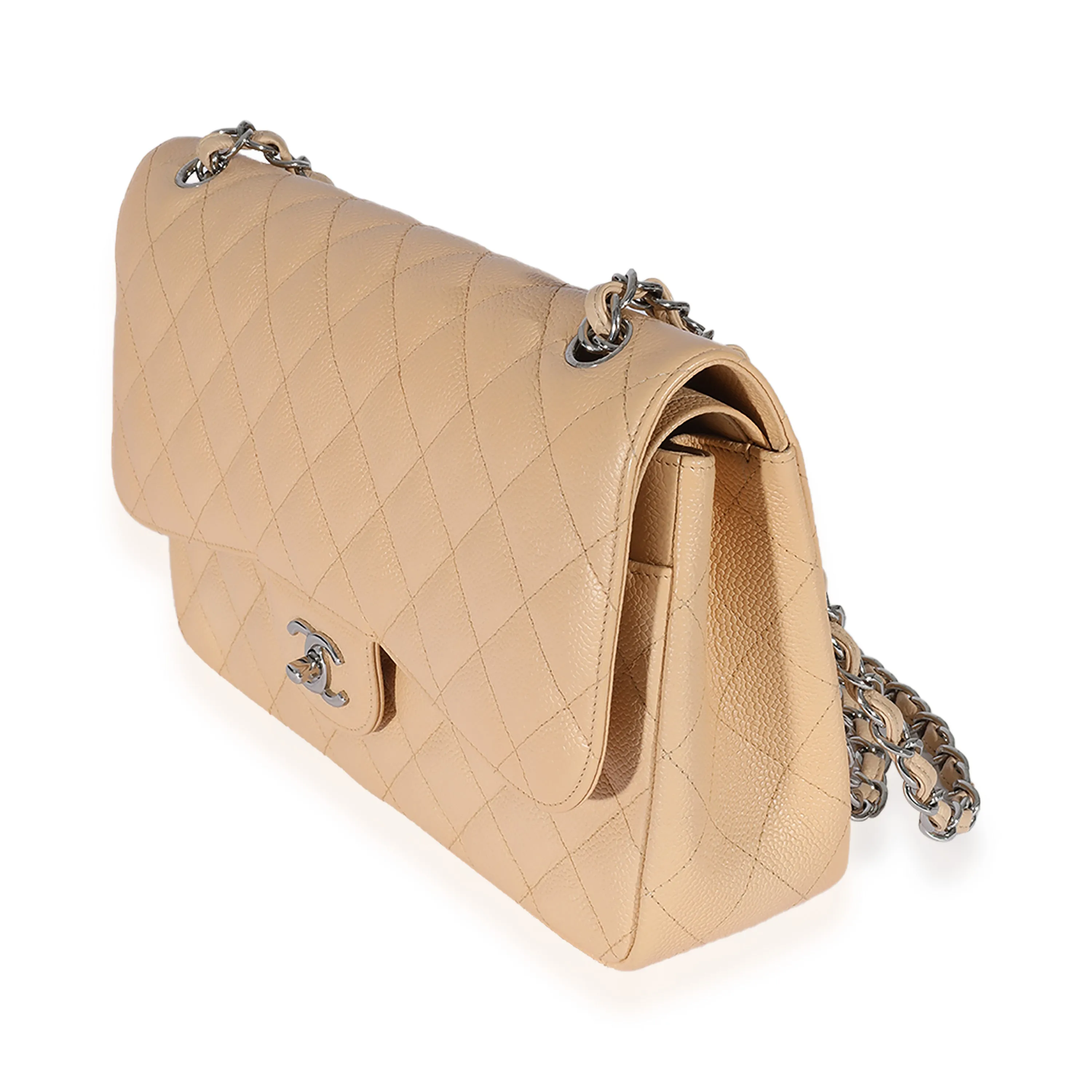 Beige Quilted Caviar Jumbo Classic Double Flap Bag