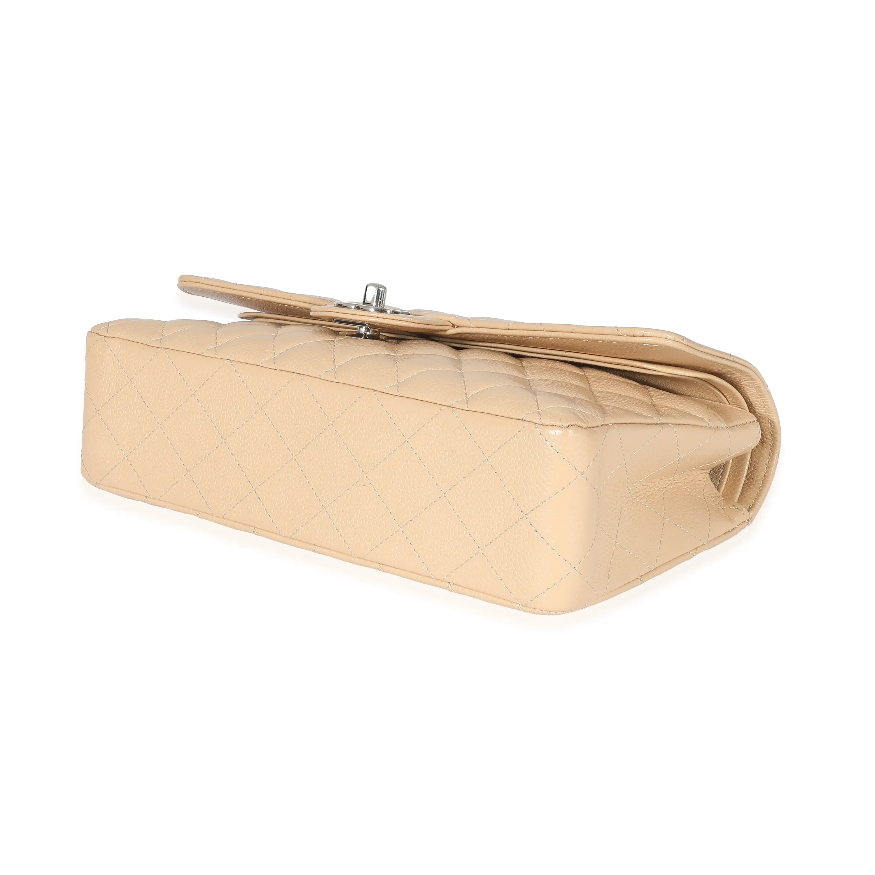 Beige Quilted Caviar Medium Classic Double Flap Handbag