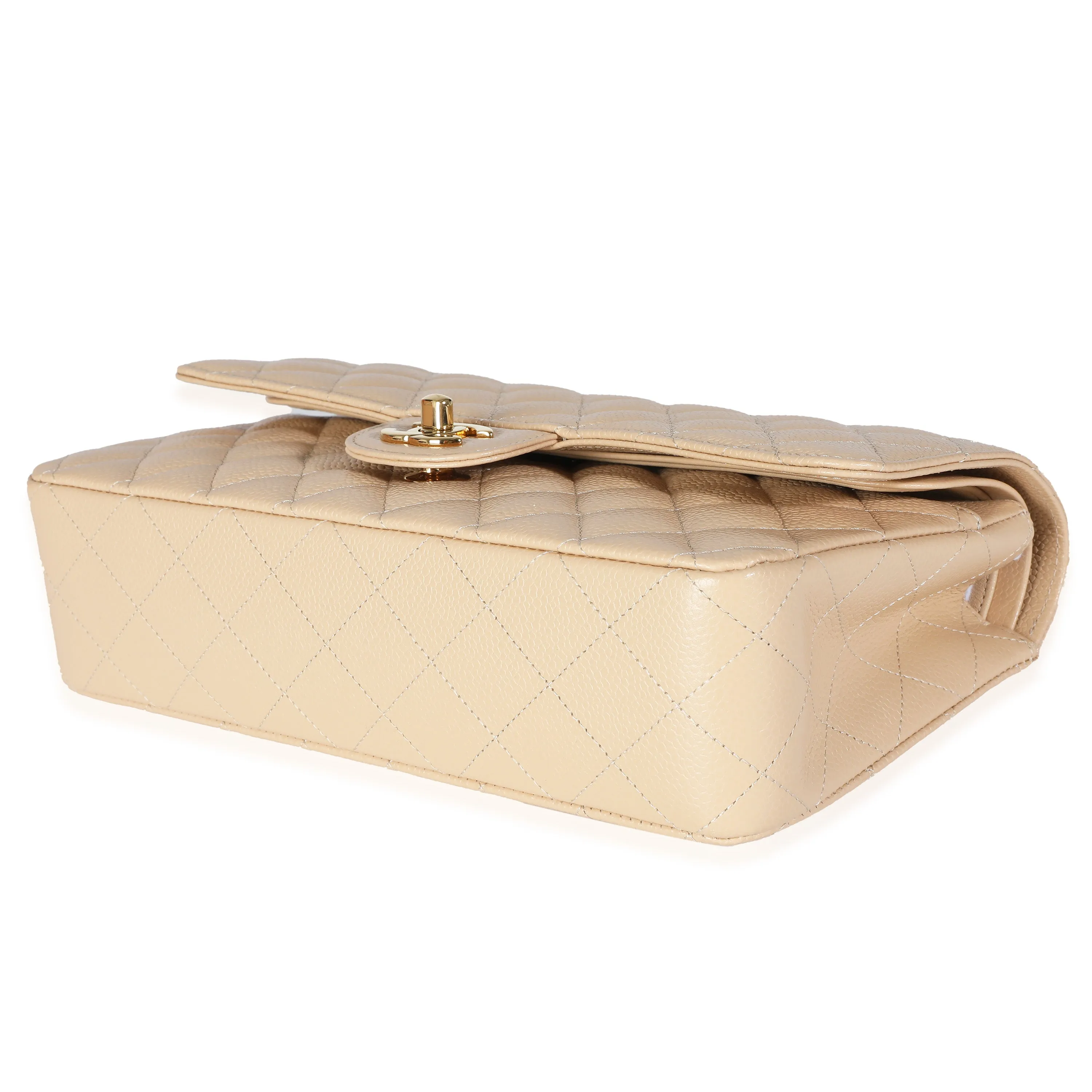 Beige Quilted Caviar Medium Classic Double Flap Handbag