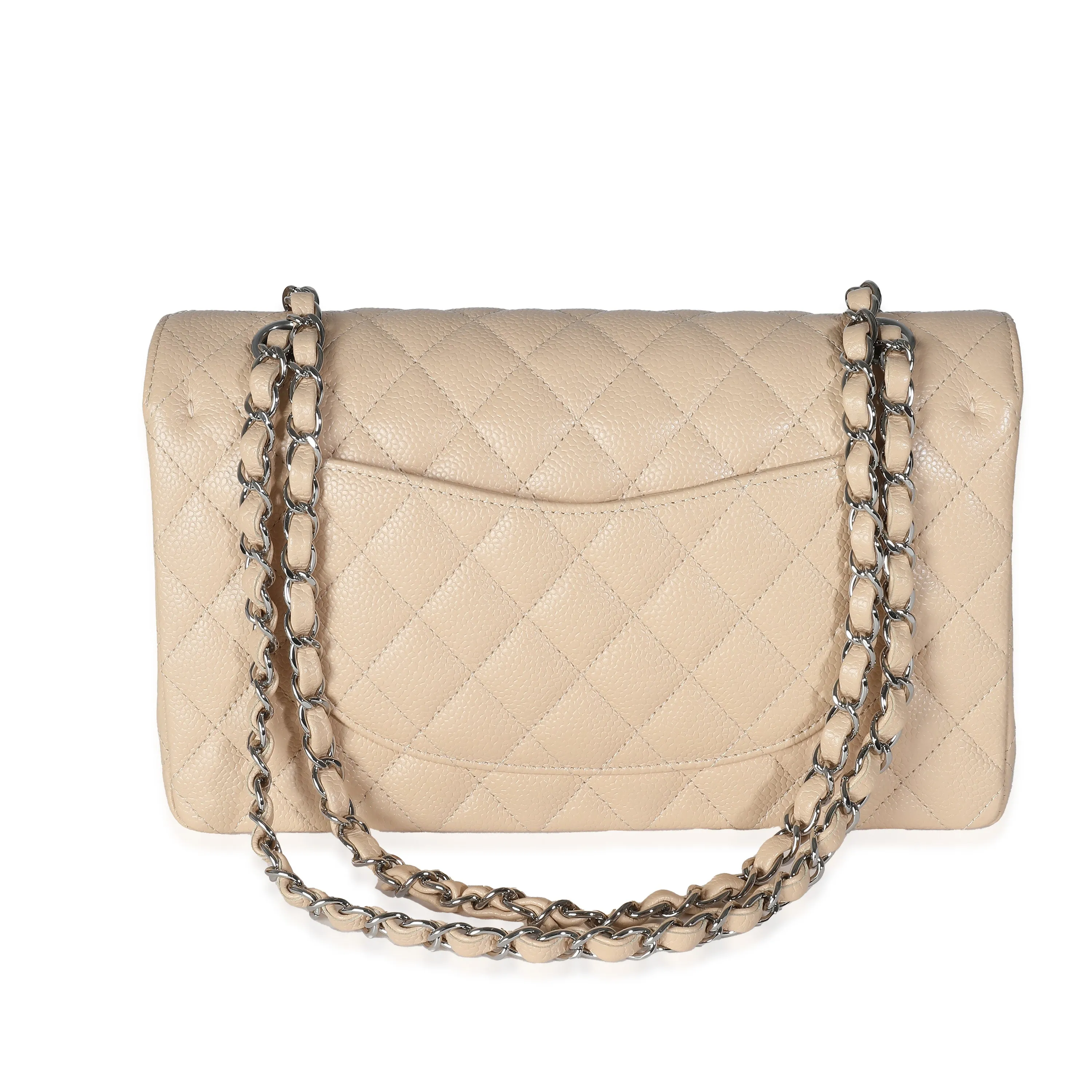 Beige Quilted Caviar Medium Classic Double Flap Handbag