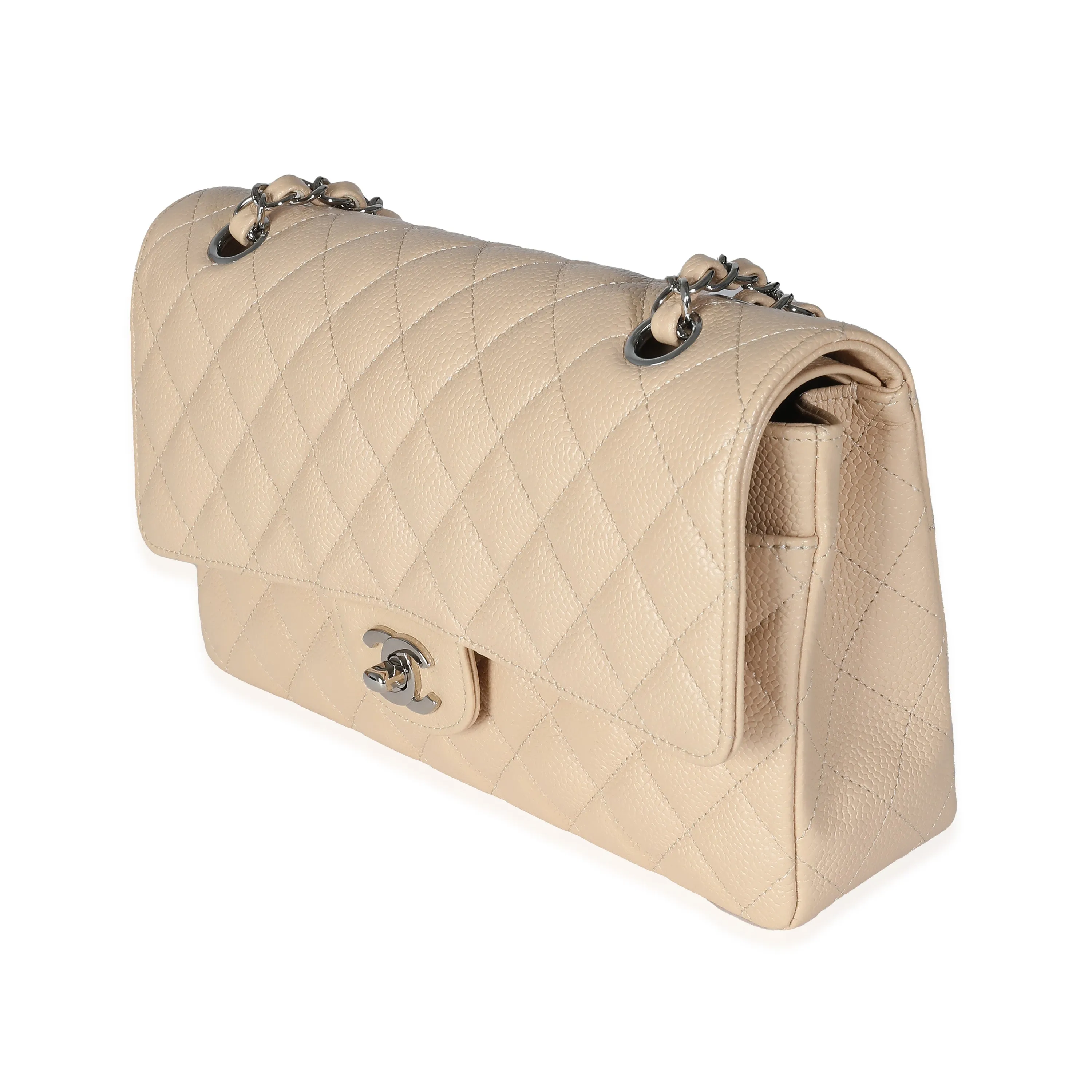 Beige Quilted Caviar Medium Classic Double Flap Handbag