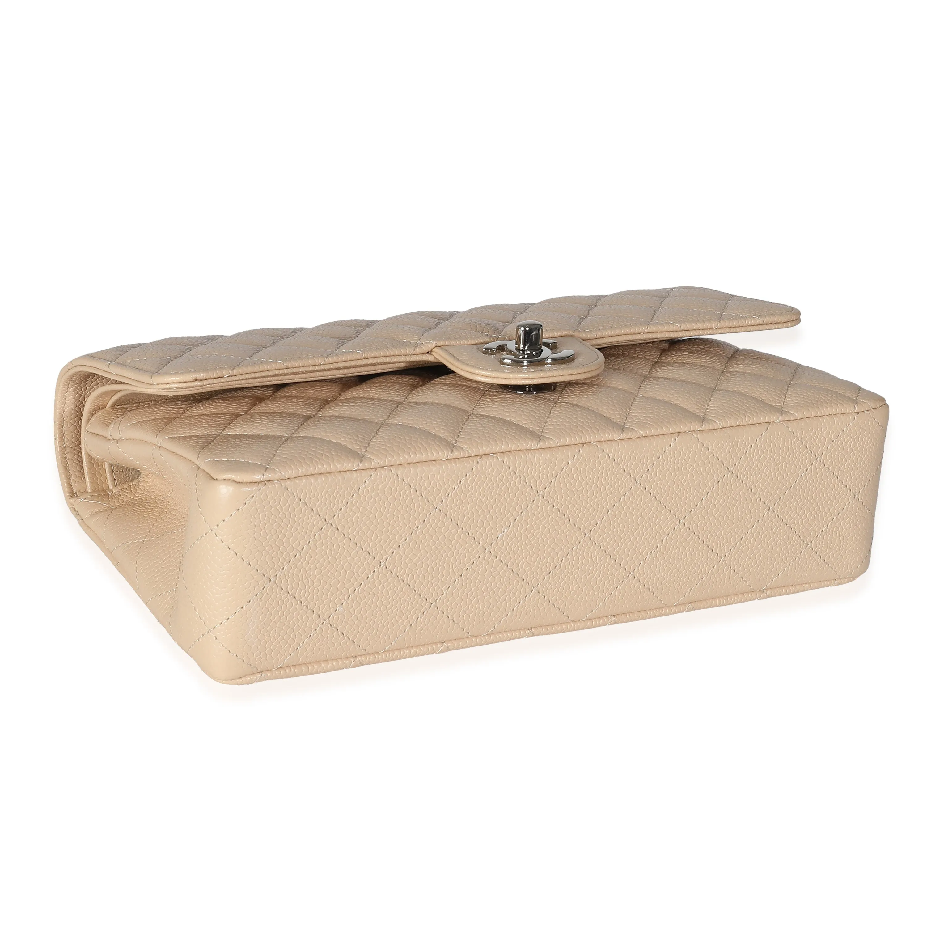 Beige Quilted Caviar Medium Classic Double Flap Handbag