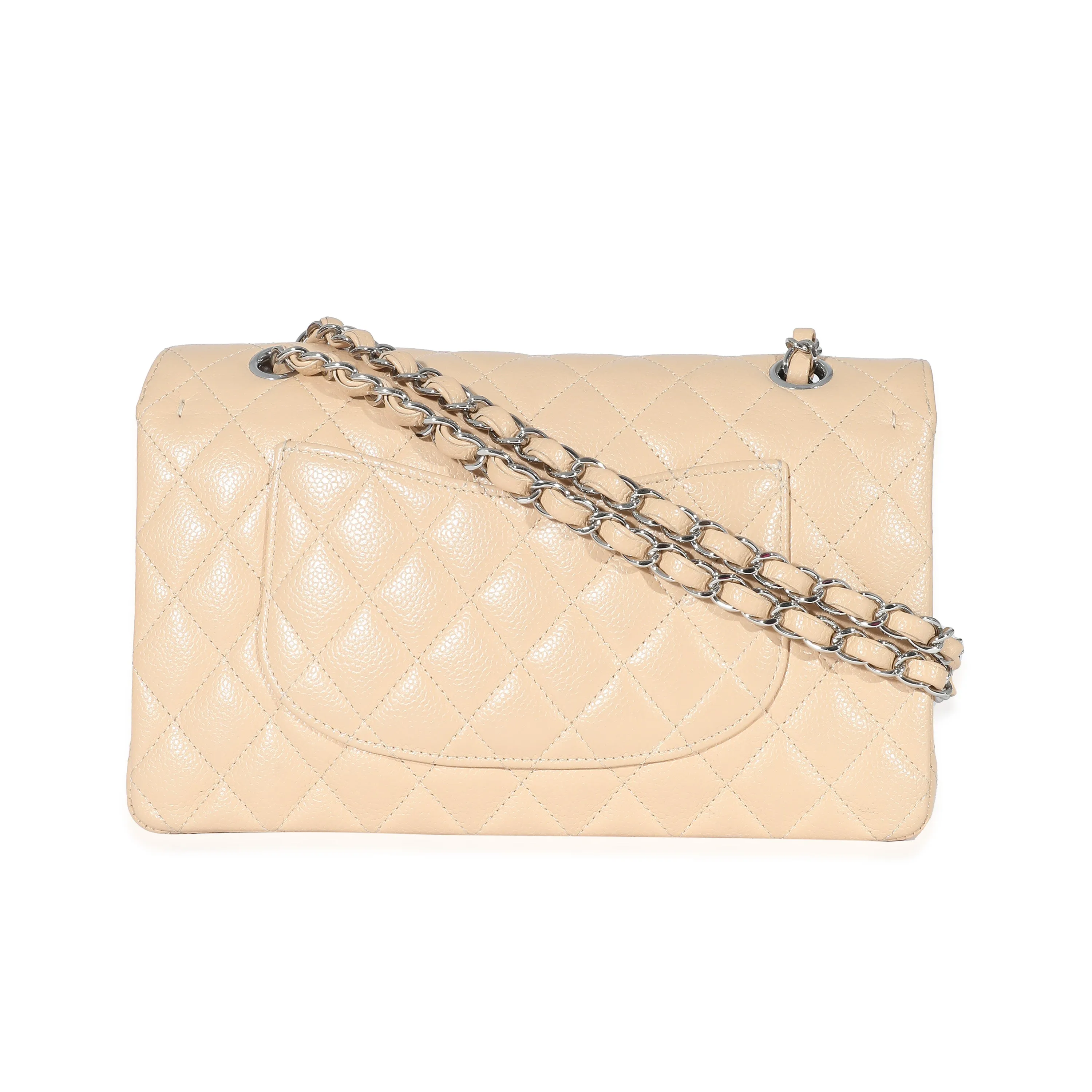 Beige Quilted Caviar Medium Classic Double Flap Handbag