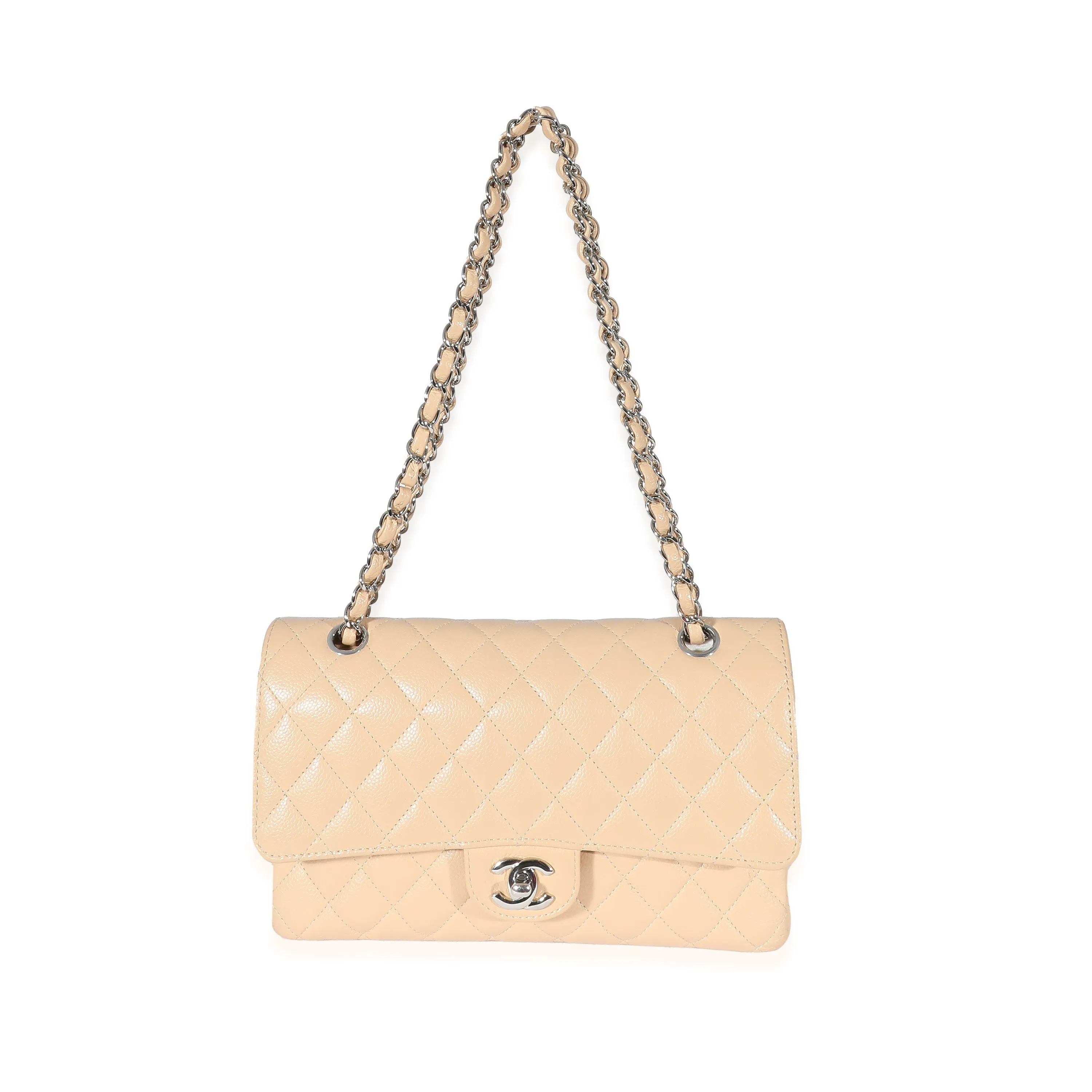 Beige Quilted Caviar Medium Classic Double Flap Handbag