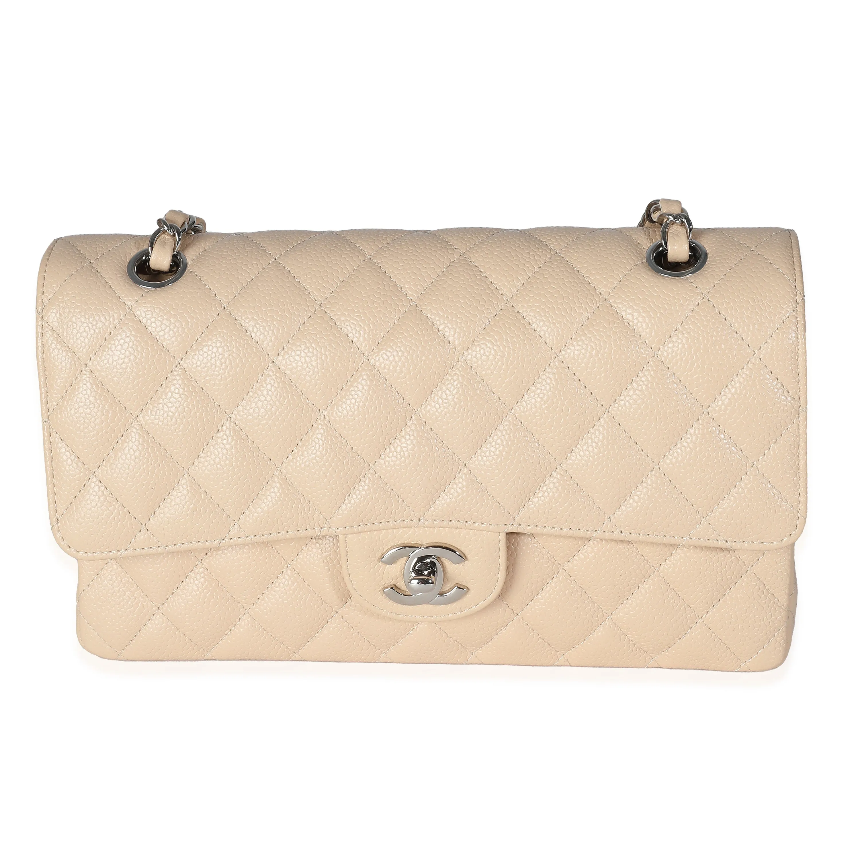 Beige Quilted Caviar Medium Classic Double Flap Handbag