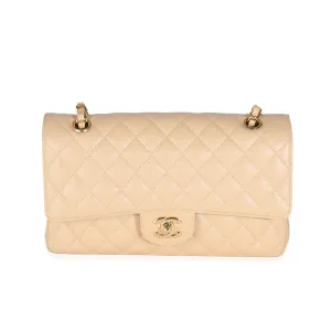 Beige Quilted Caviar Medium Classic Double Flap Handbag