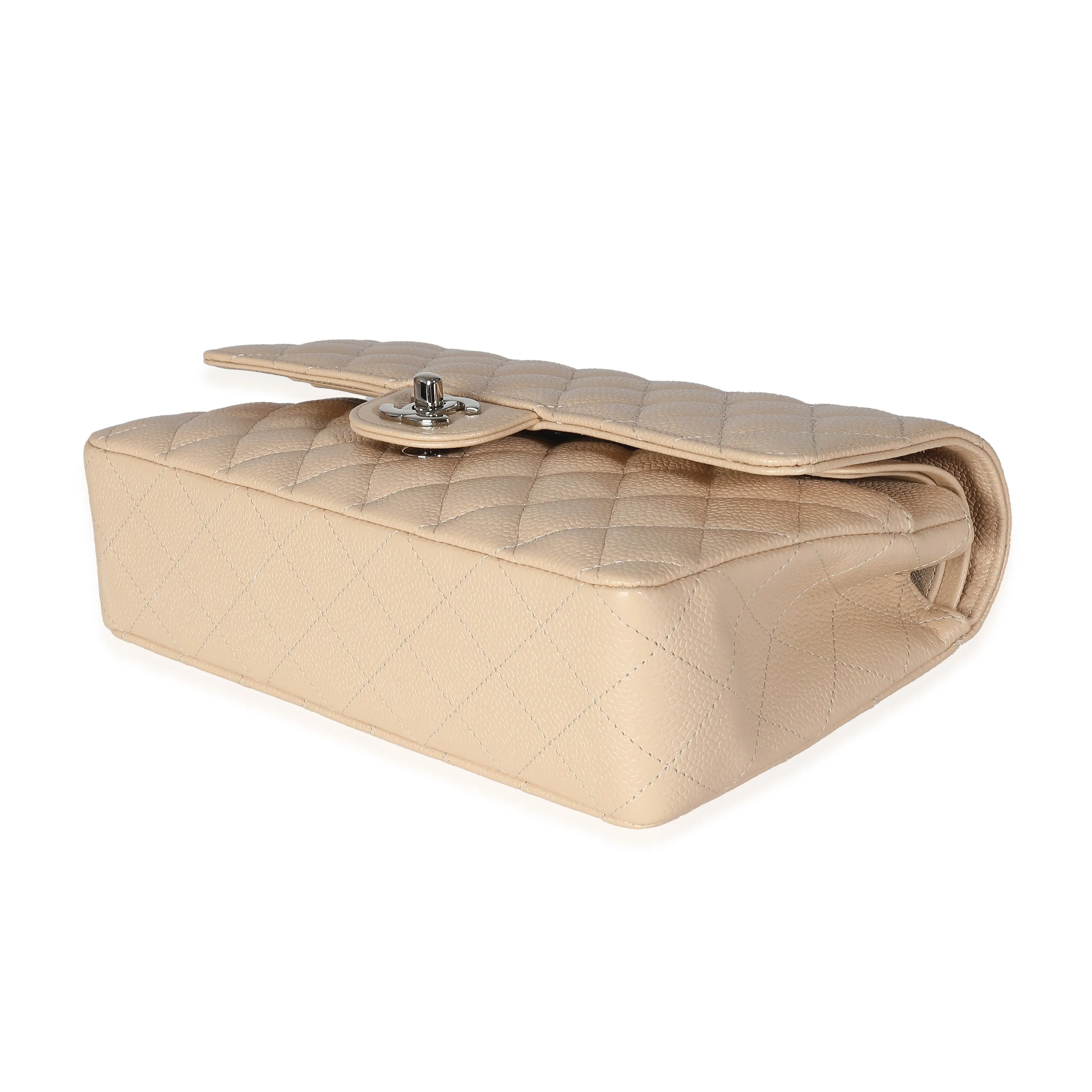 Beige Quilted Caviar Medium Classic Double Flap Handbag