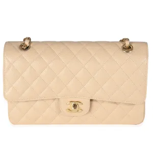 Beige Quilted Caviar Medium Classic Double Flap Handbag