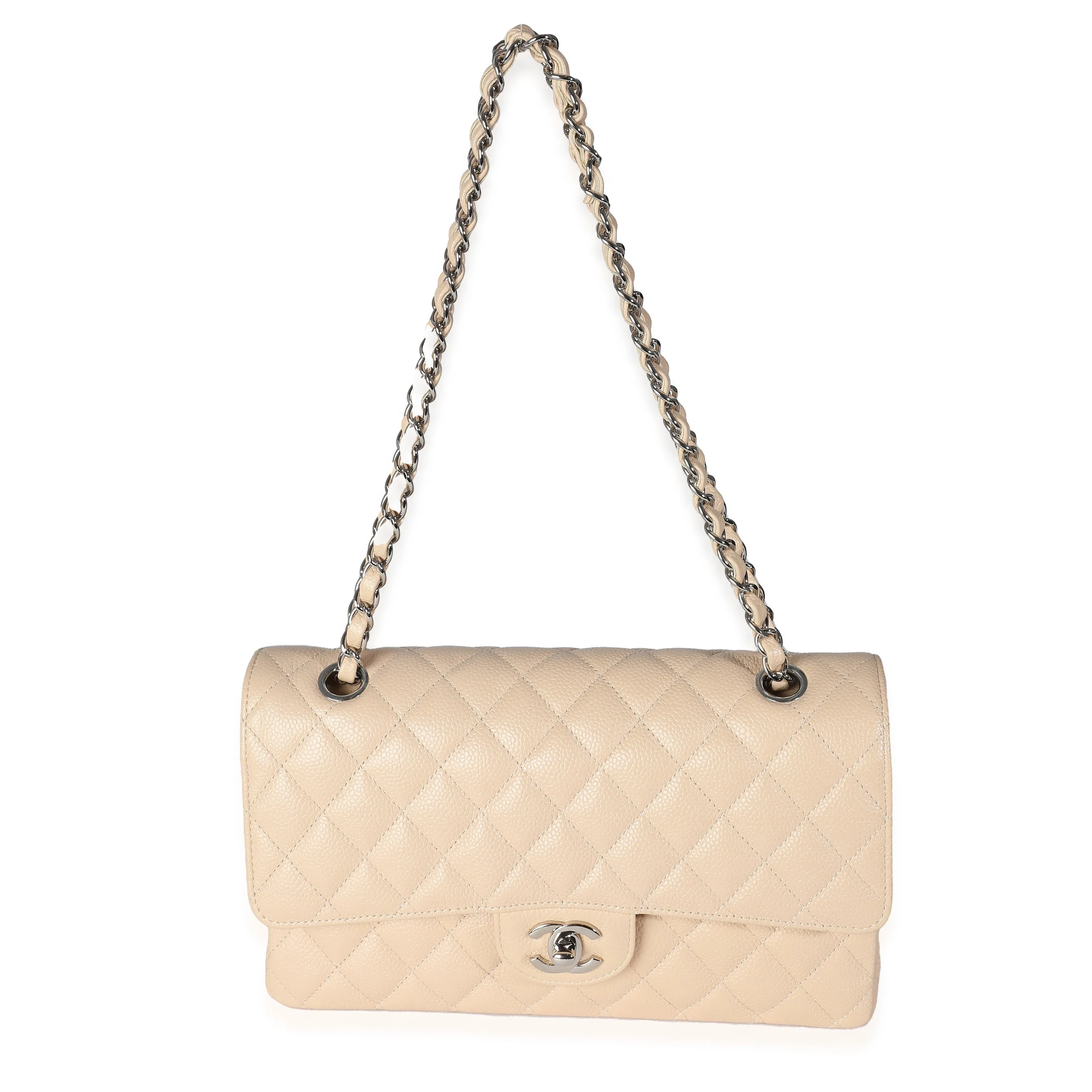 Beige Quilted Caviar Medium Classic Double Flap Handbag