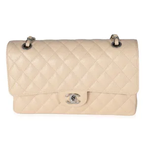 Beige Quilted Caviar Medium Classic Double Flap Handbag