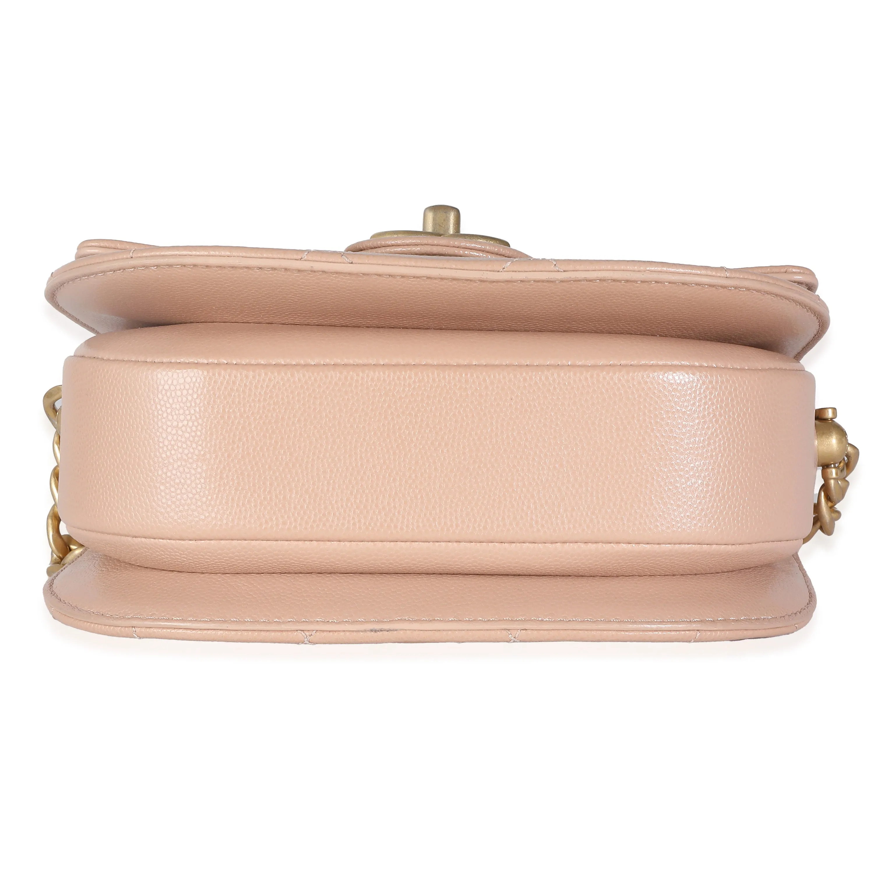 Beige Quilted Caviar Mini Round Messenger Bag