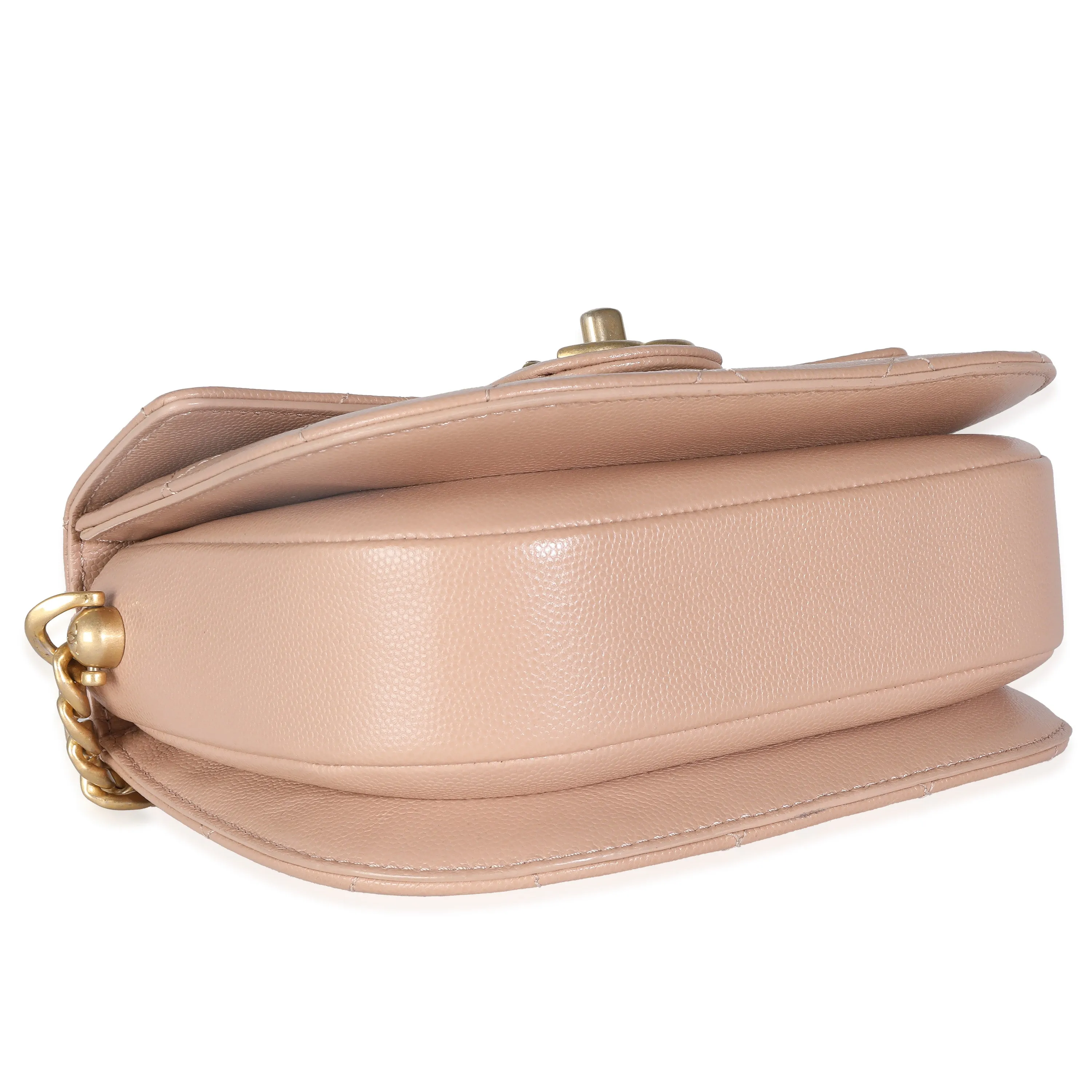 Beige Quilted Caviar Mini Round Messenger Bag