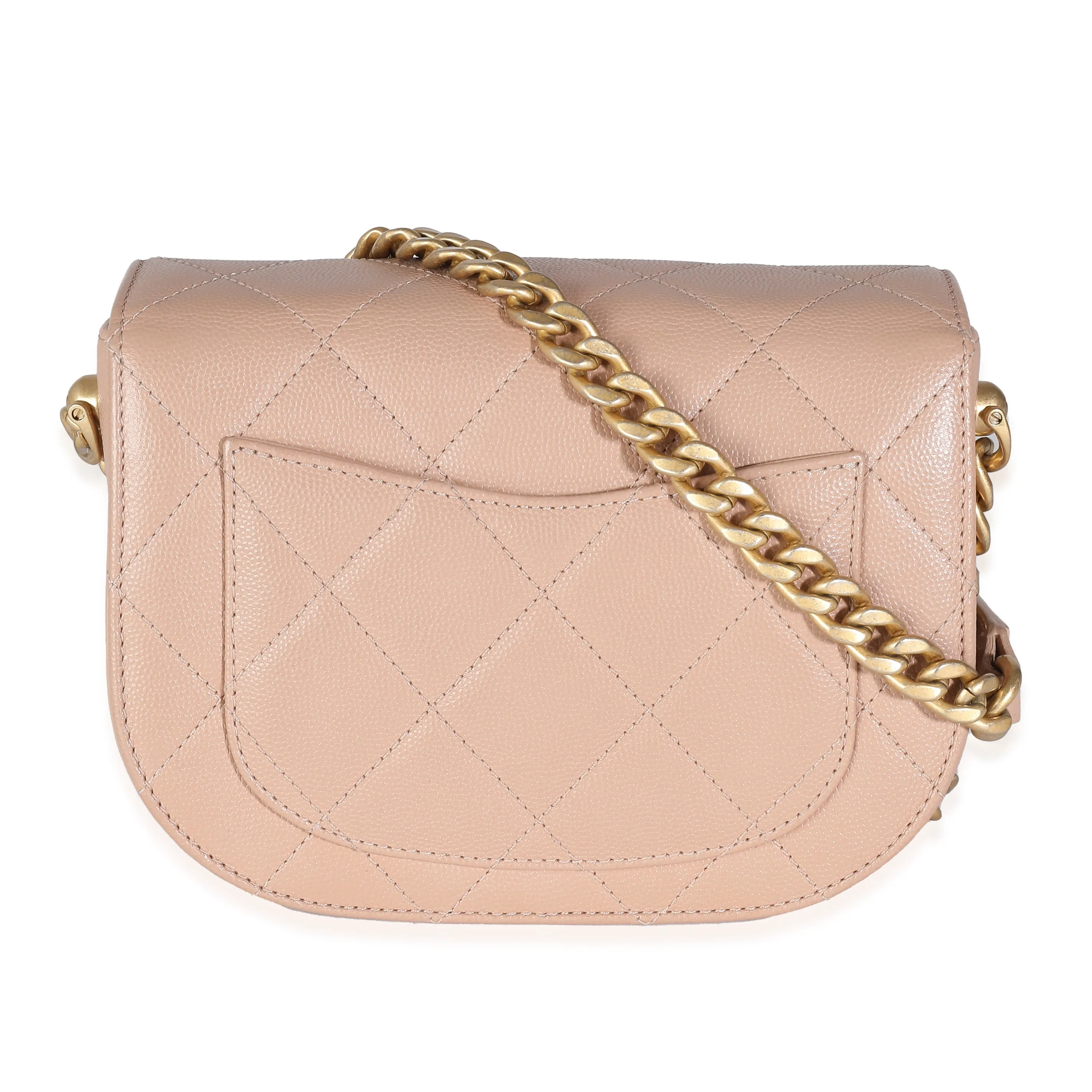 Beige Quilted Caviar Mini Round Messenger Bag