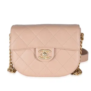 Beige Quilted Caviar Mini Round Messenger Bag