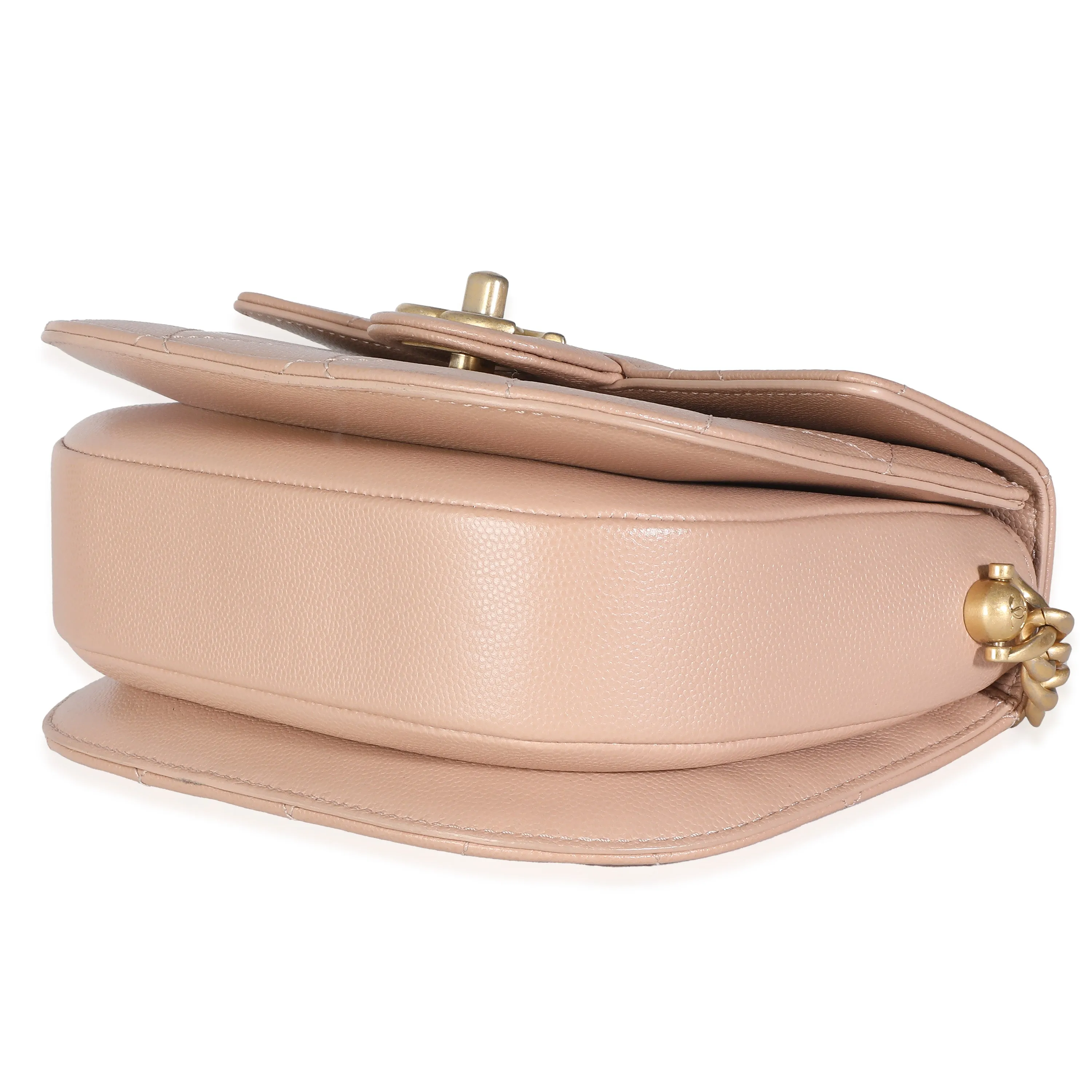 Beige Quilted Caviar Mini Round Messenger Bag