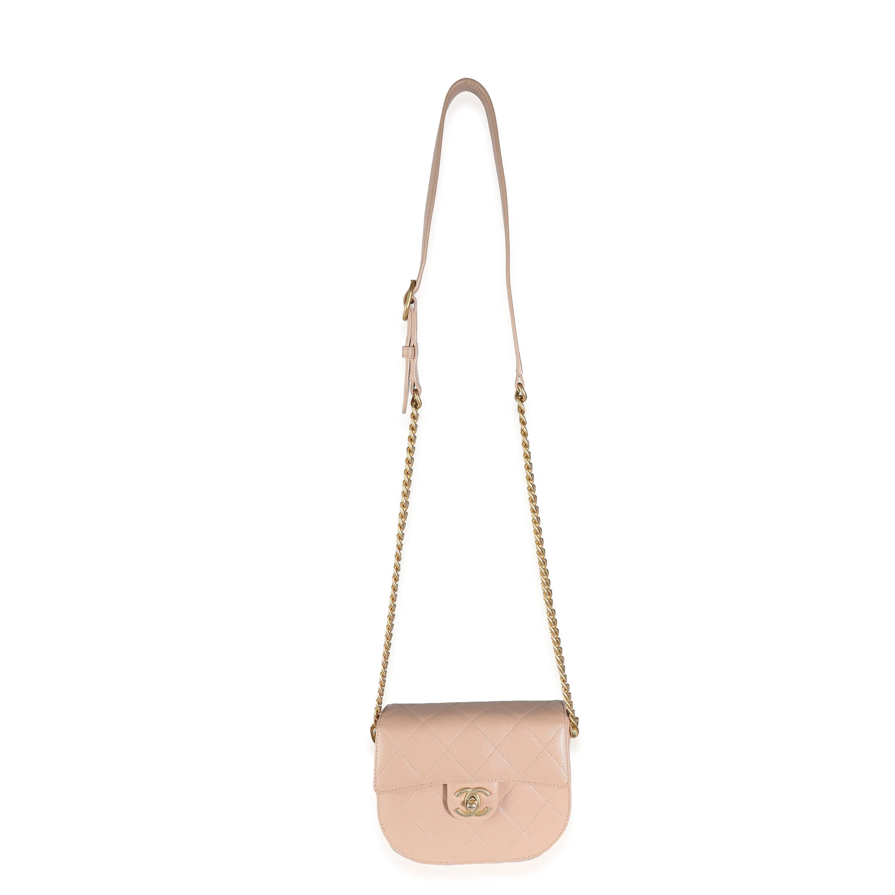 Beige Quilted Caviar Mini Round Messenger Bag