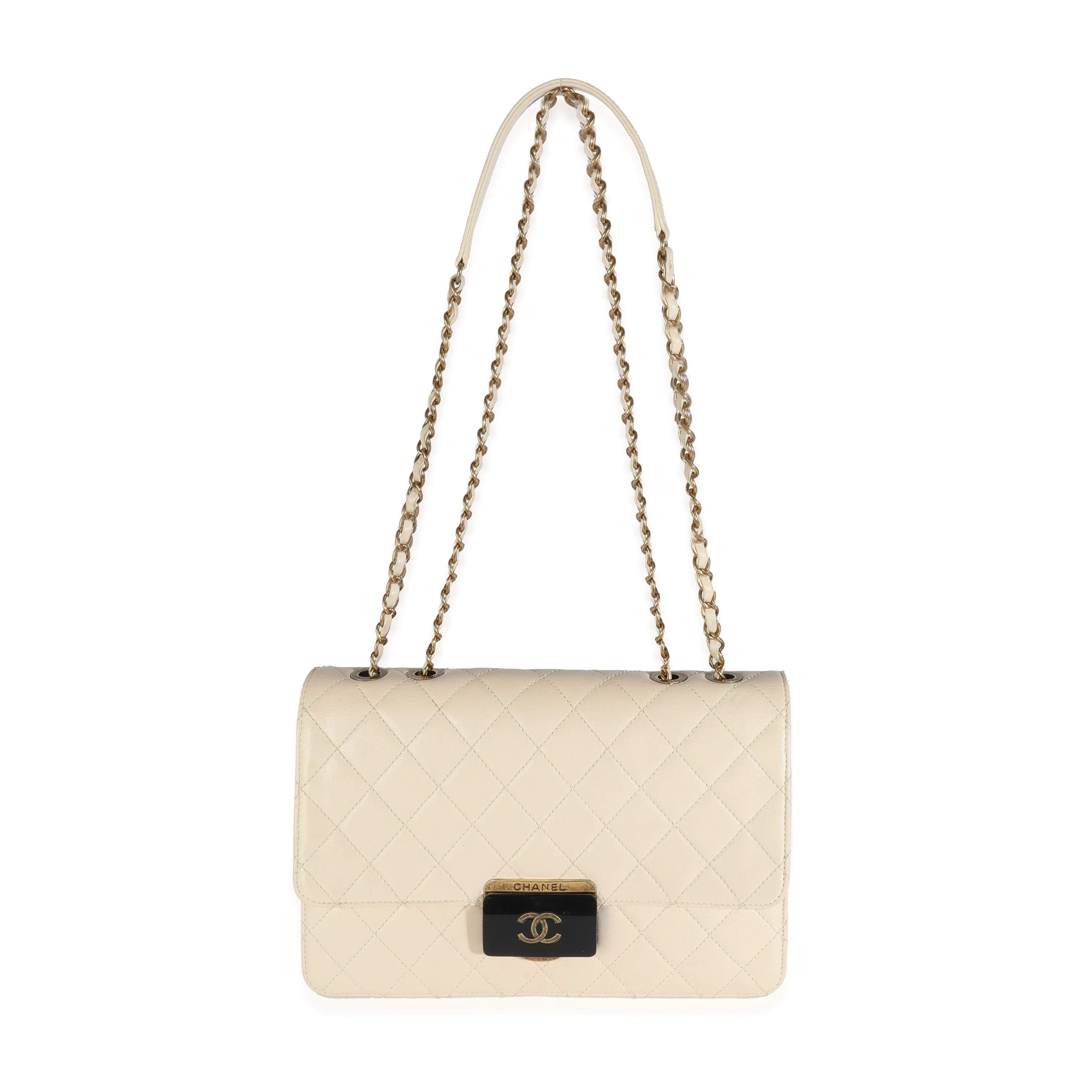 Beige Quilted Sheepskin Beauty Lock Flap Bag