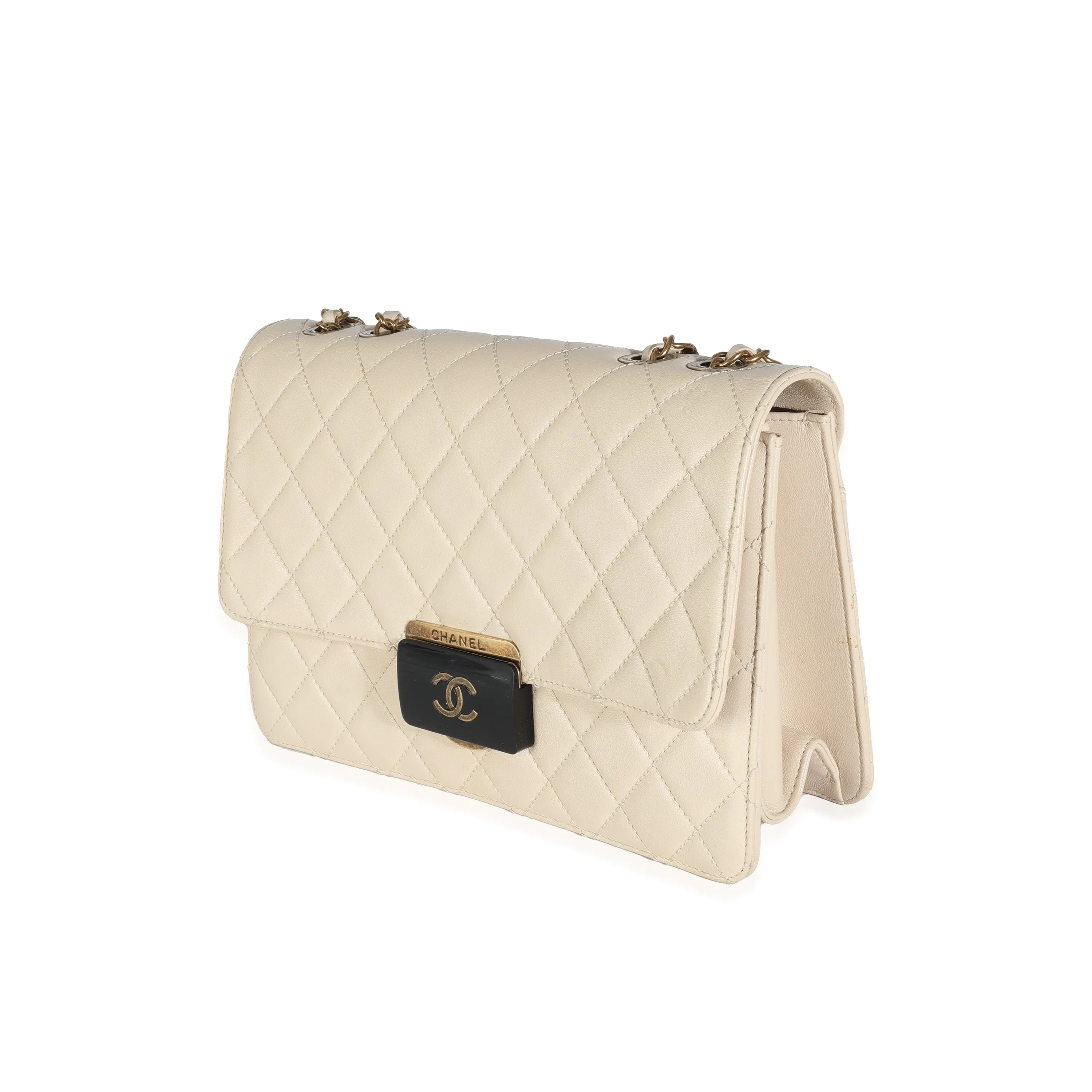 Beige Quilted Sheepskin Beauty Lock Flap Bag