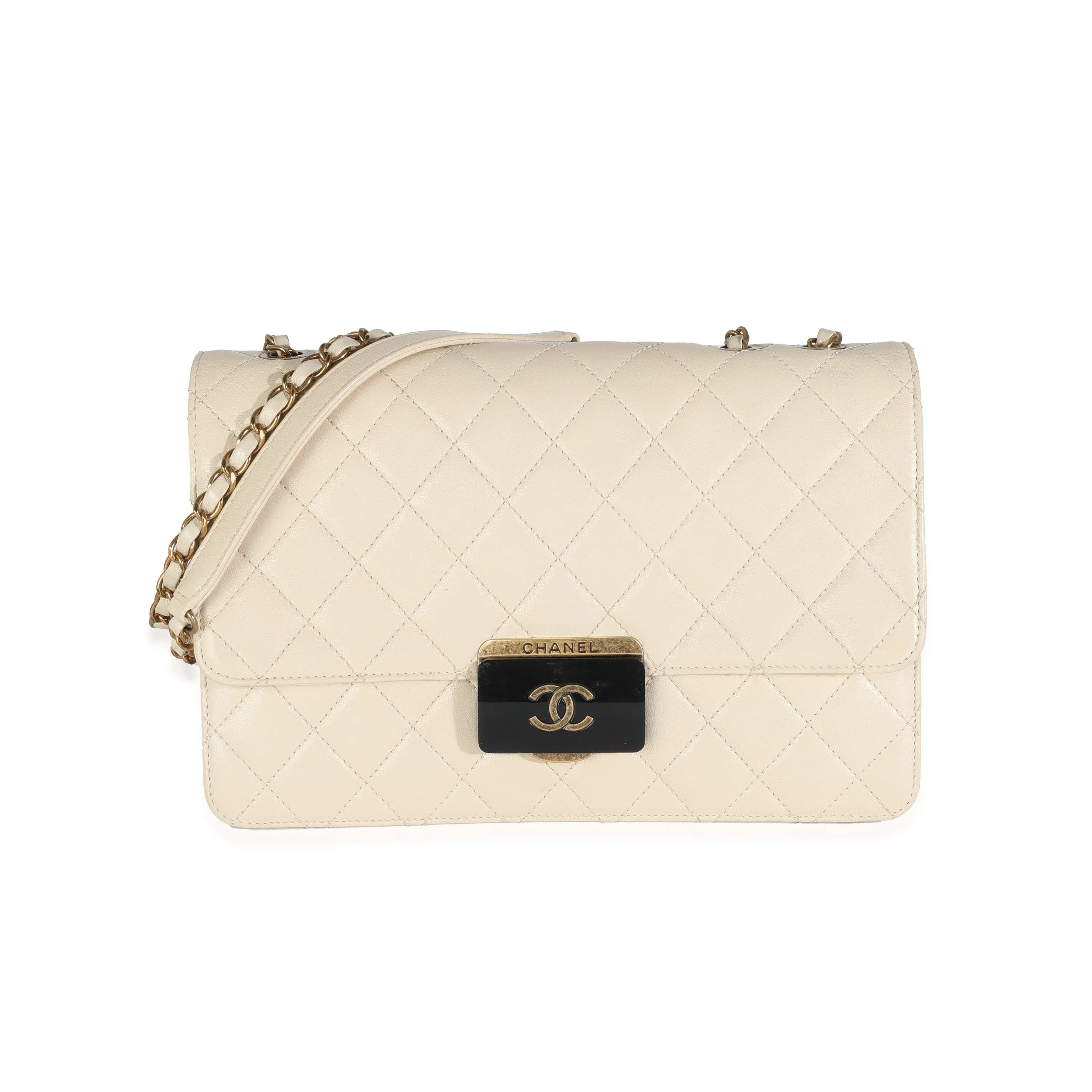 Beige Quilted Sheepskin Beauty Lock Flap Bag