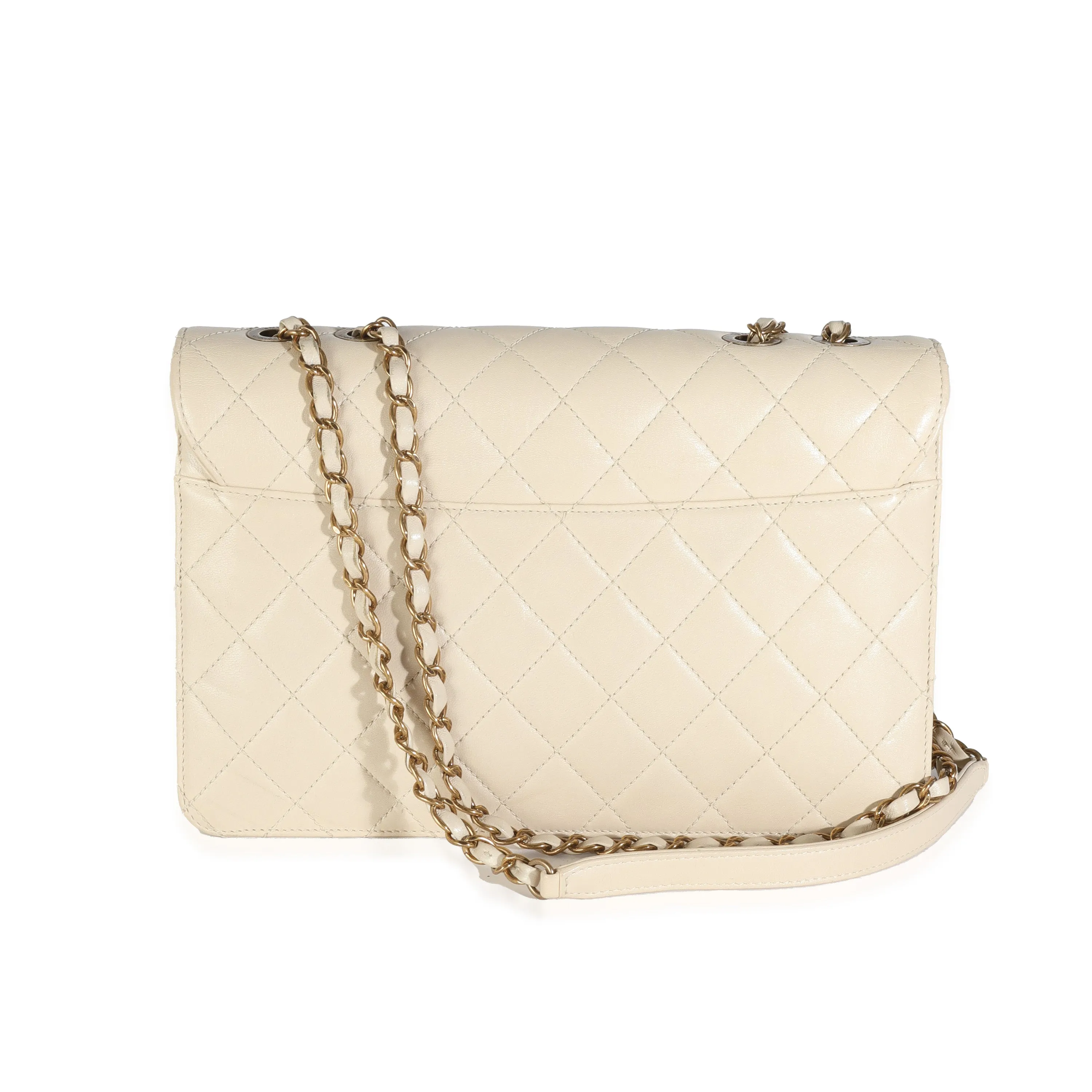 Beige Quilted Sheepskin Beauty Lock Flap Bag