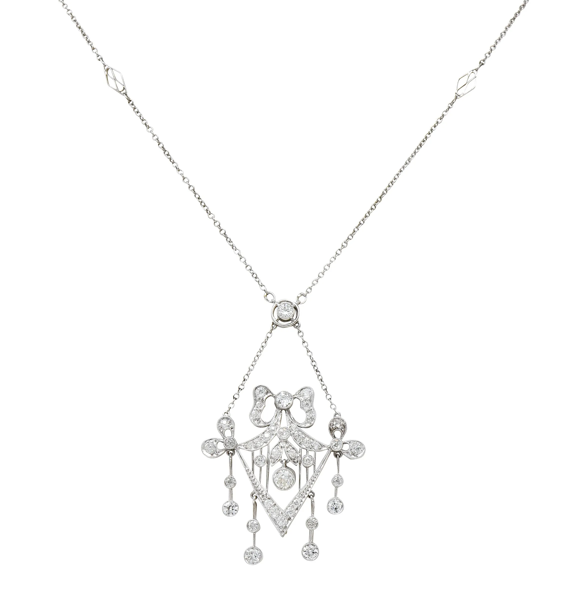 Belle Epoque Diamond Platinum Ribboned Bow Station Necklace