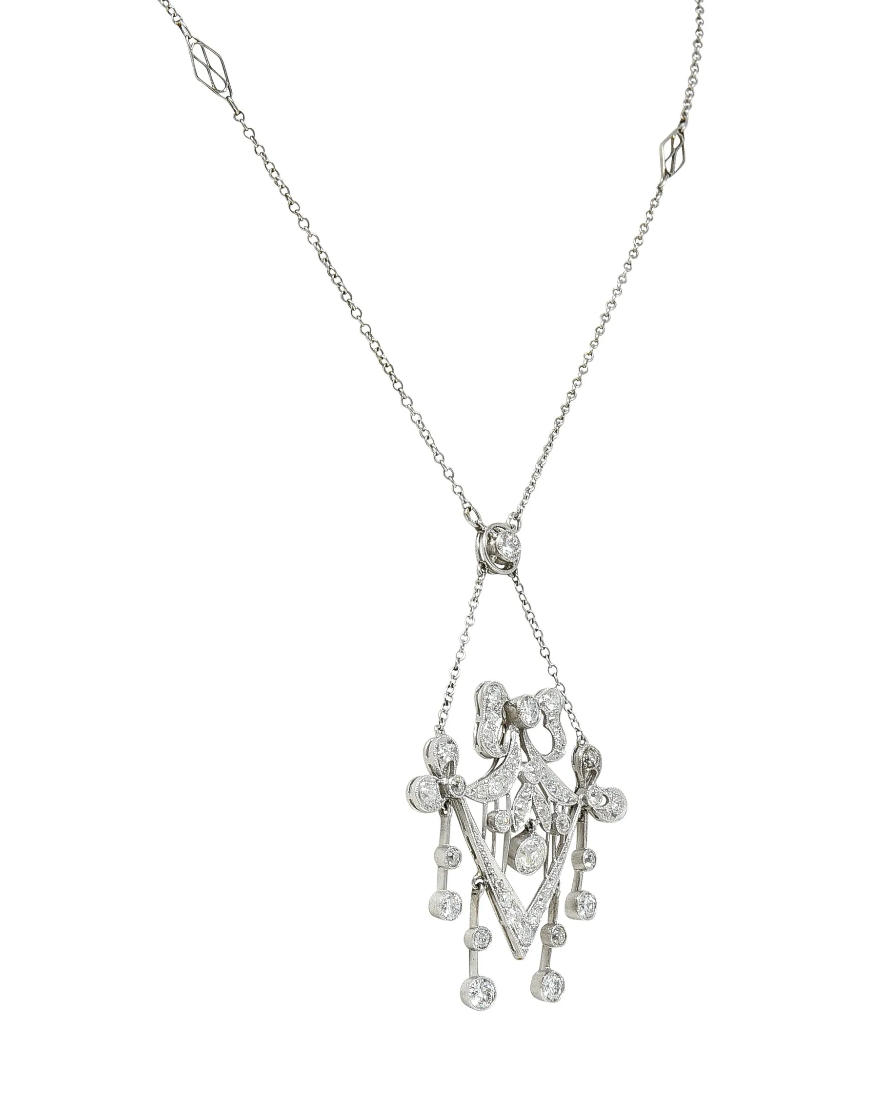 Belle Epoque Diamond Platinum Ribboned Bow Station Necklace