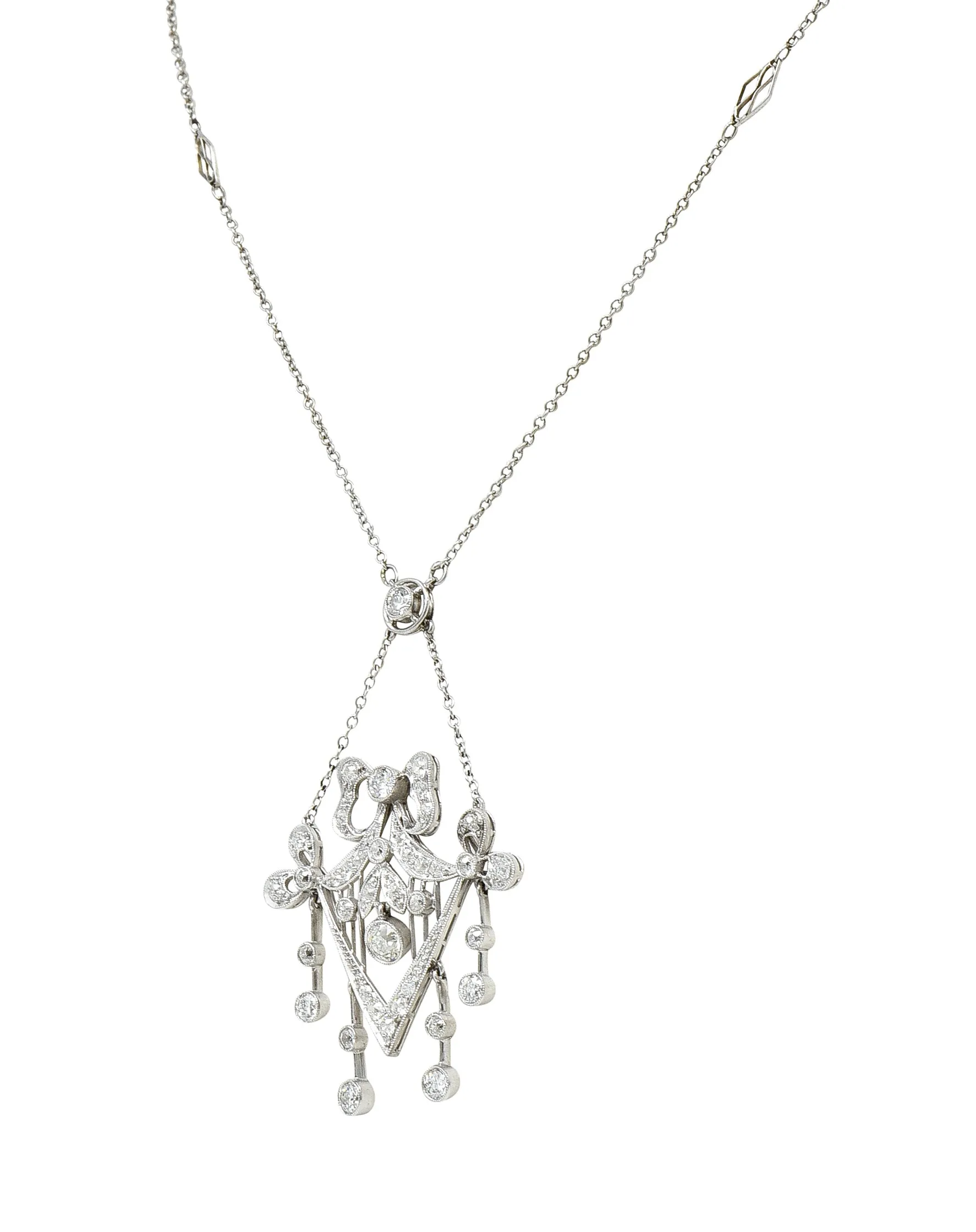 Belle Epoque Diamond Platinum Ribboned Bow Station Necklace
