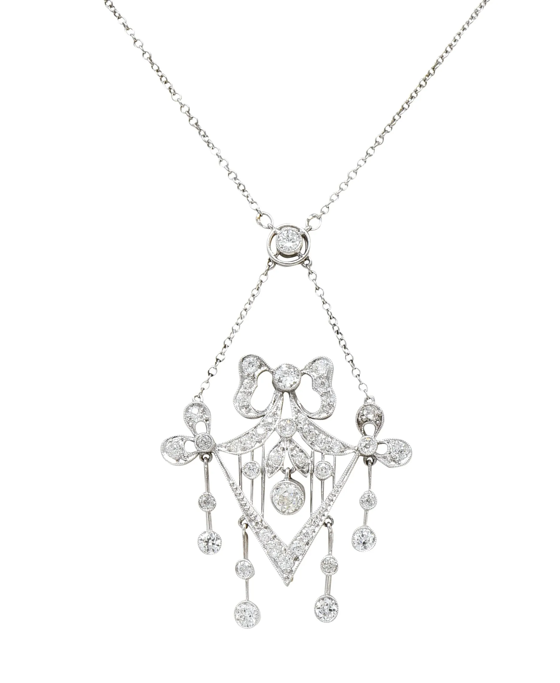 Belle Epoque Diamond Platinum Ribboned Bow Station Necklace