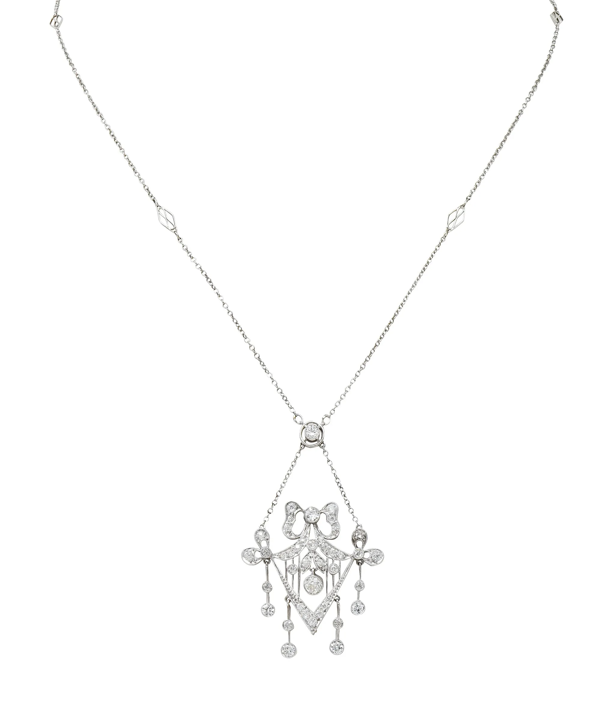 Belle Epoque Diamond Platinum Ribboned Bow Station Necklace