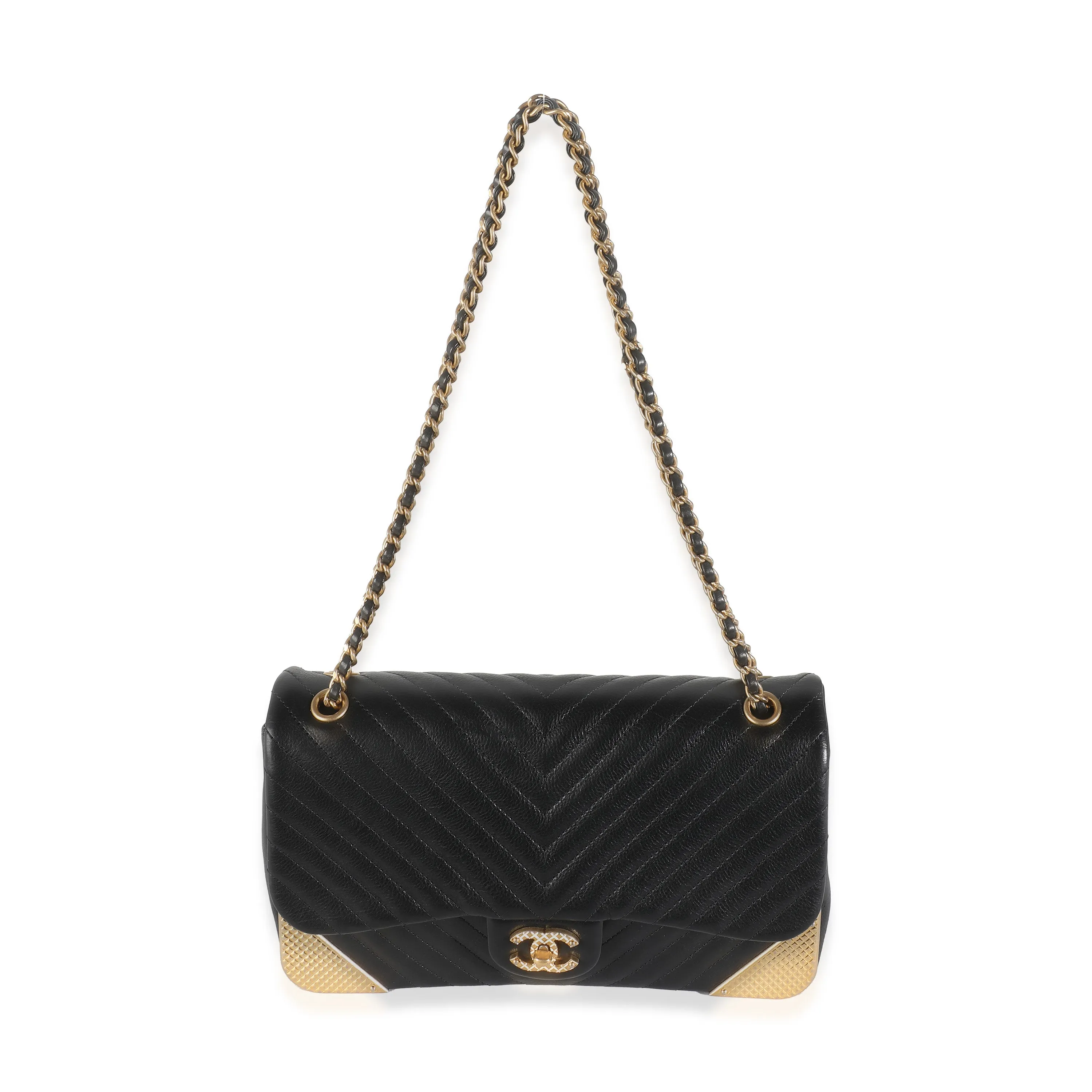 Black Chevron Calfskin Rock The Corner Flap Bag