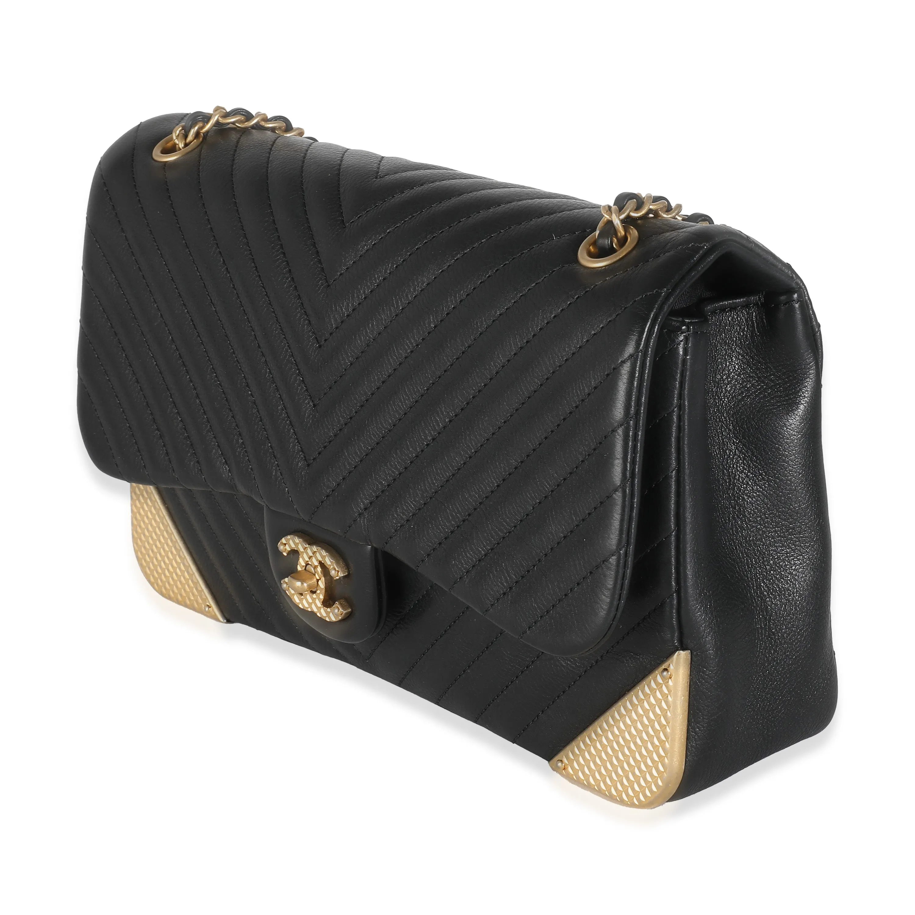 Black Chevron Calfskin Rock The Corner Flap Bag