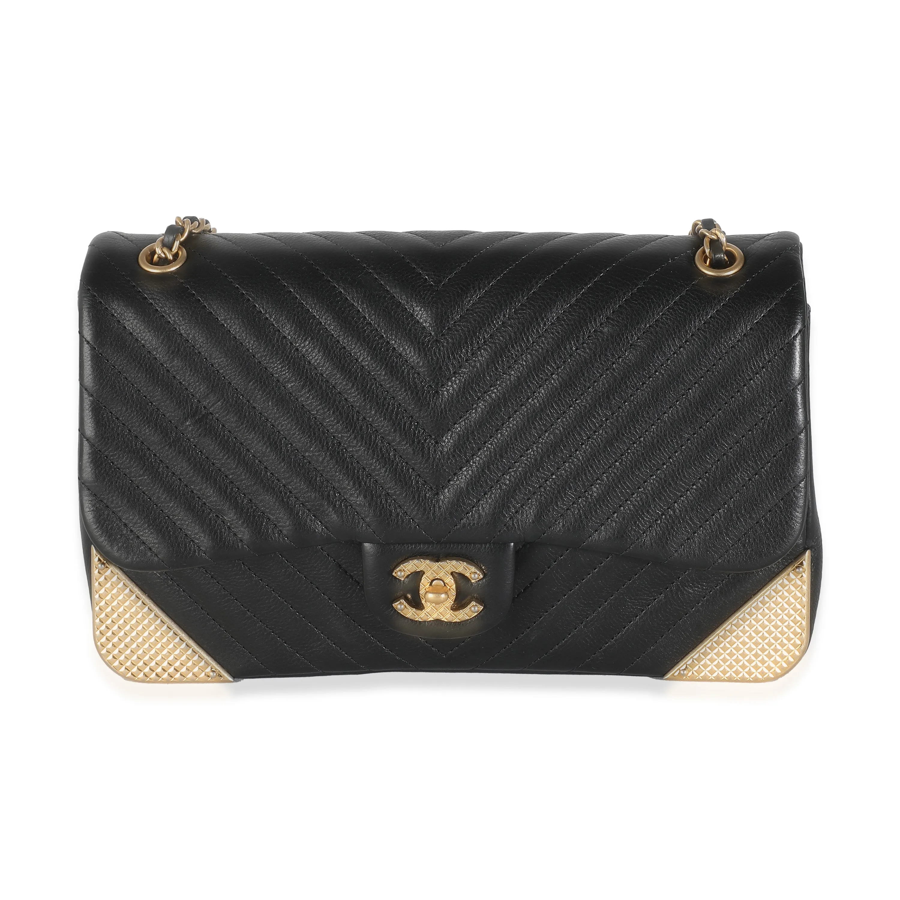 Black Chevron Calfskin Rock The Corner Flap Bag