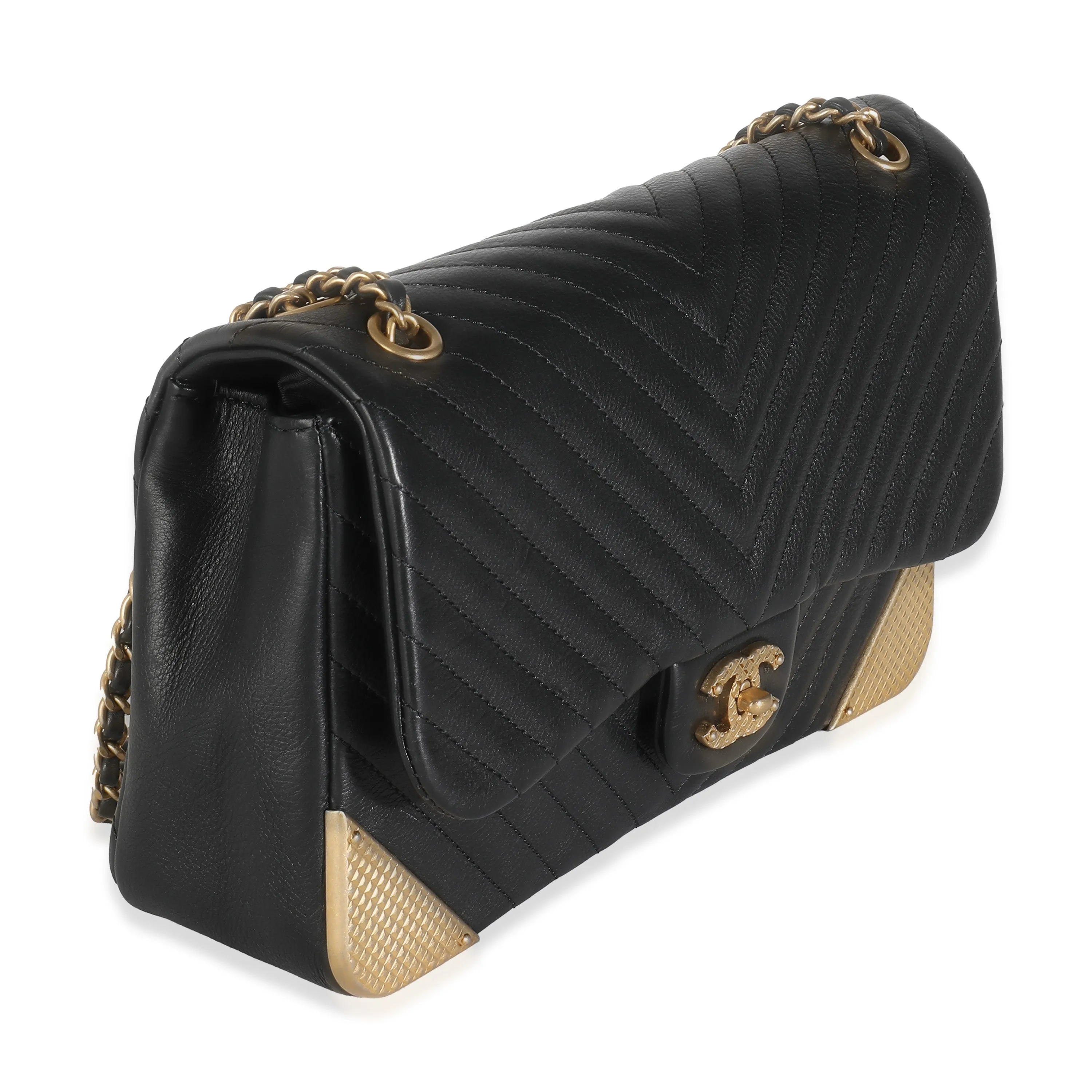 Black Chevron Calfskin Rock The Corner Flap Bag