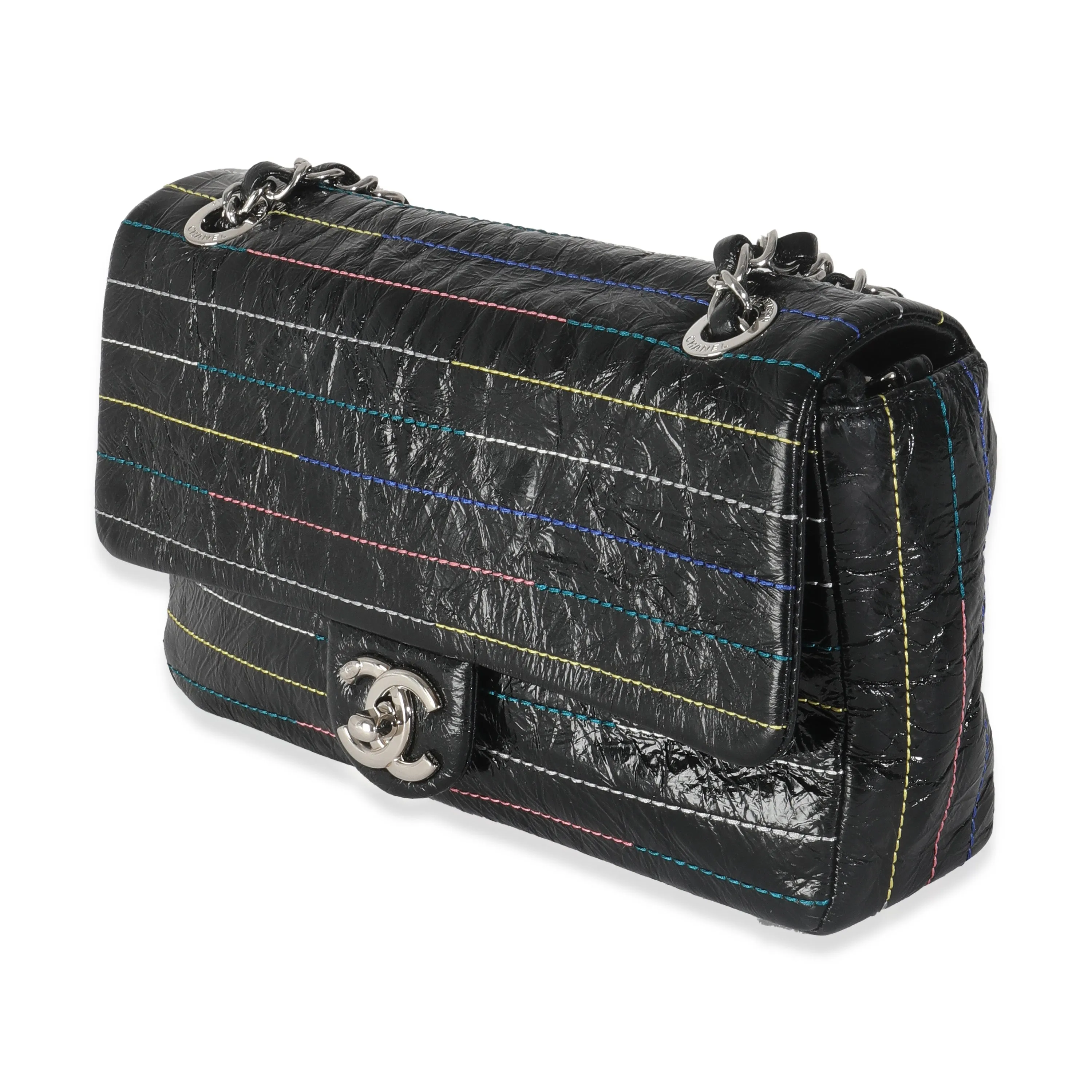 Black Crinkle Patent Multicolor Stitch Single Flap Bag