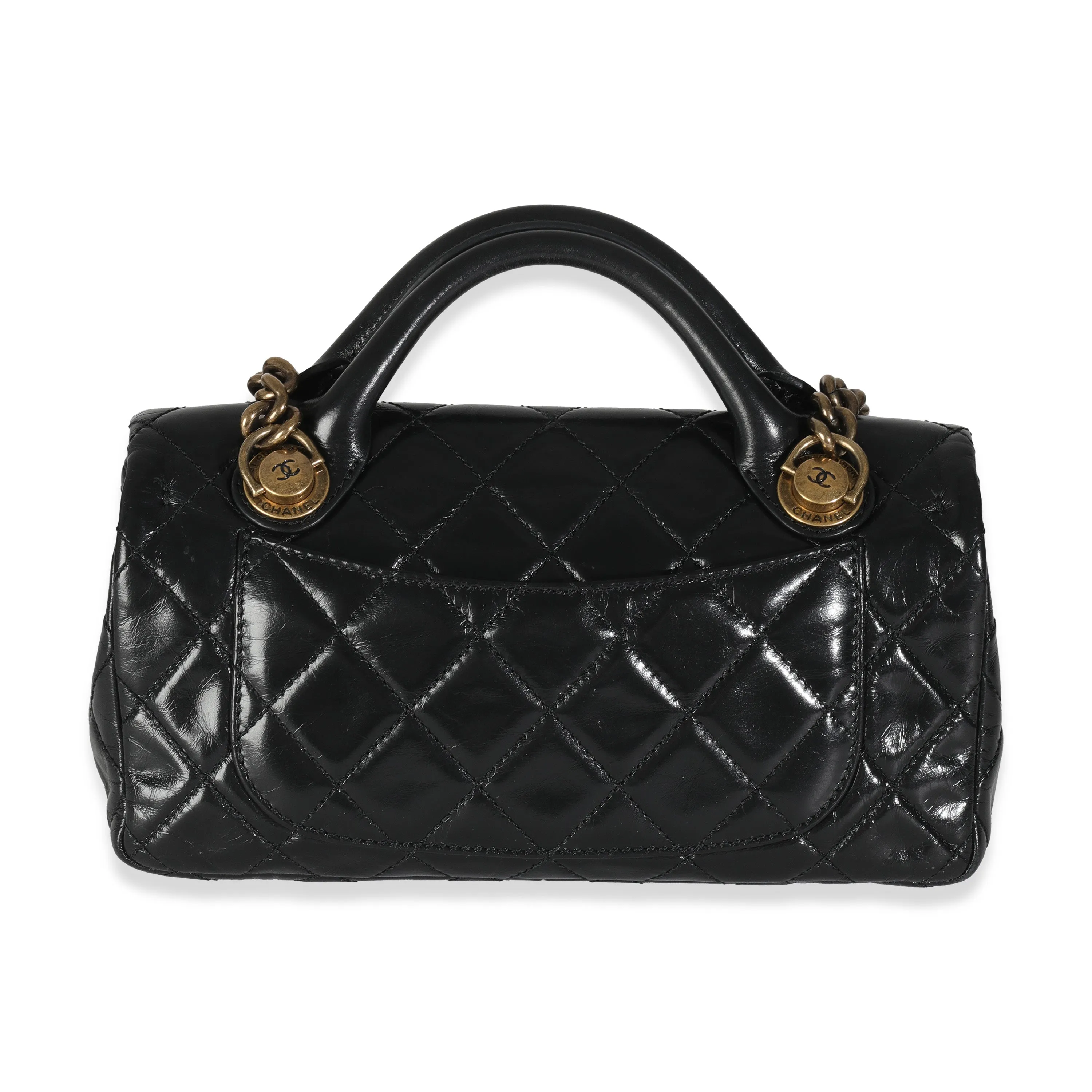 Black Glazed Calfskin Medium Castle Rock Flap Bag