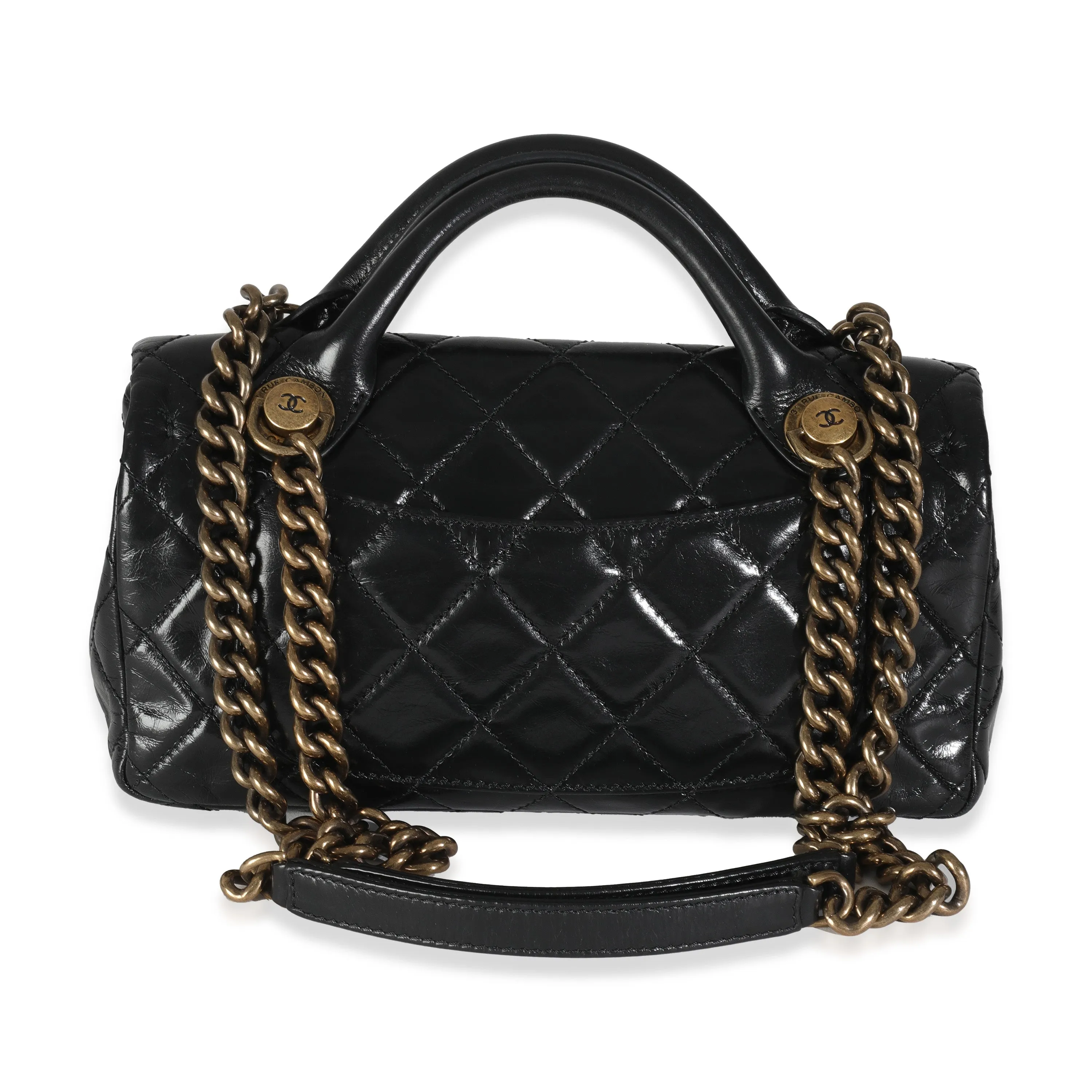 Black Glazed Calfskin Medium Castle Rock Flap Bag