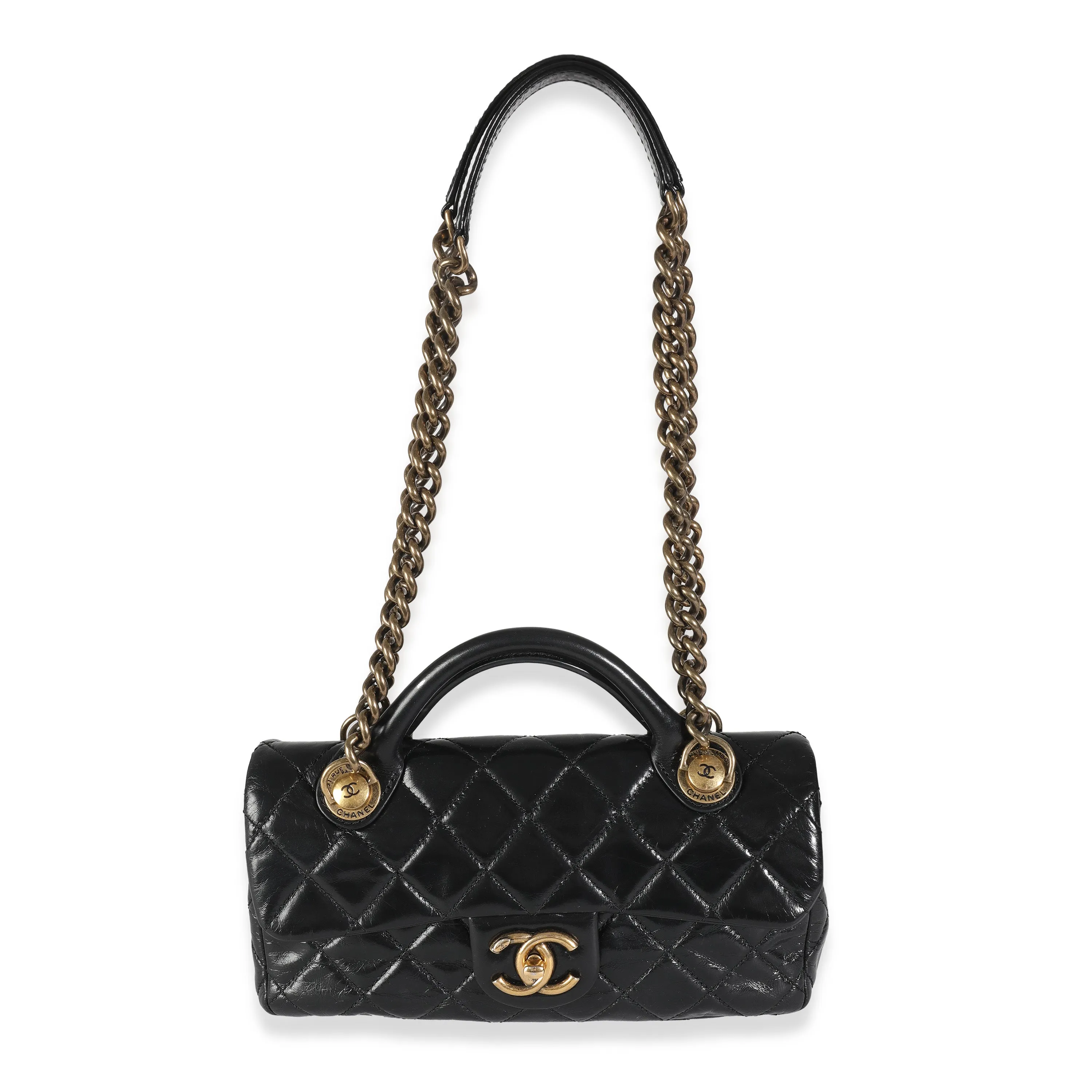Black Glazed Calfskin Medium Castle Rock Flap Bag