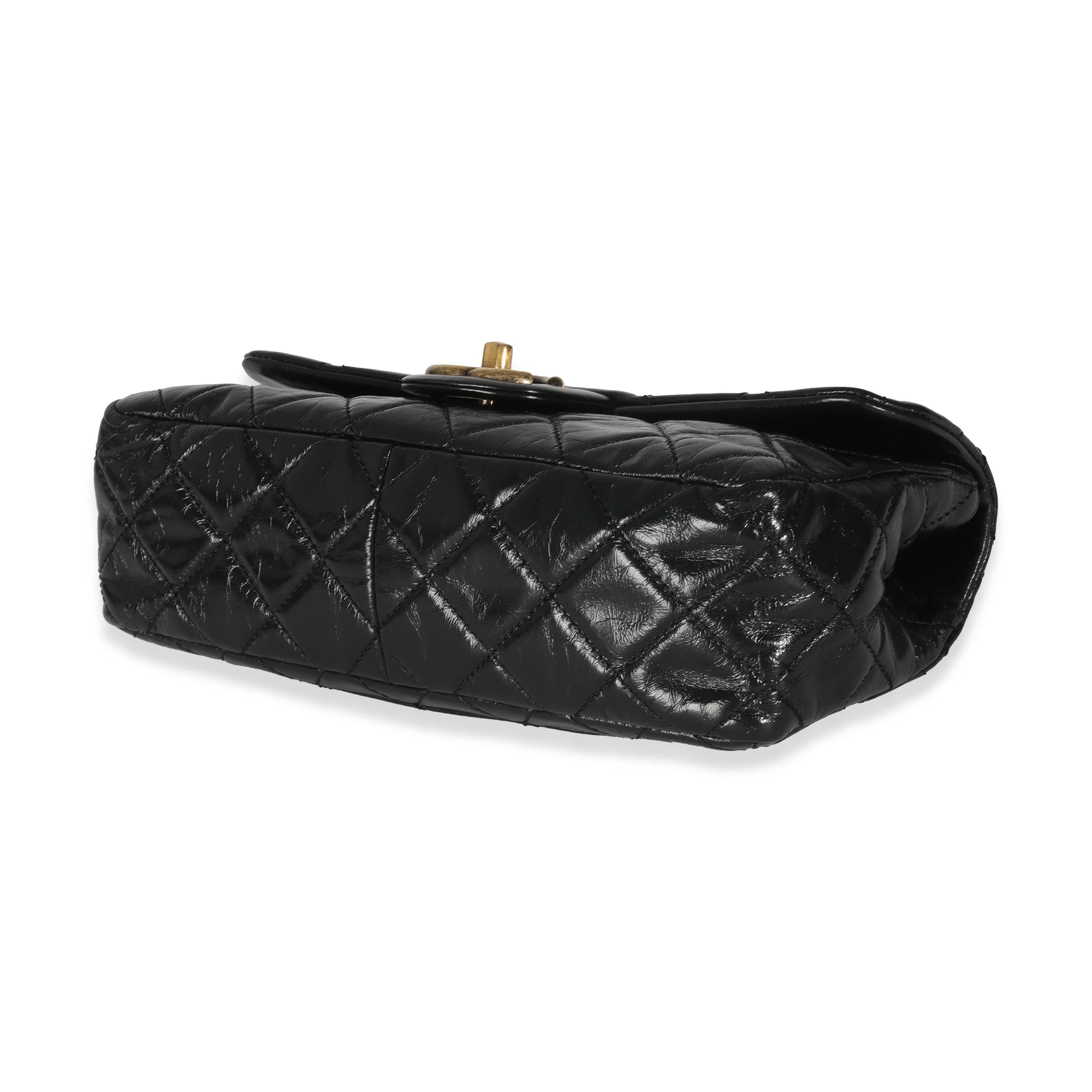 Black Glazed Calfskin Medium Castle Rock Flap Bag