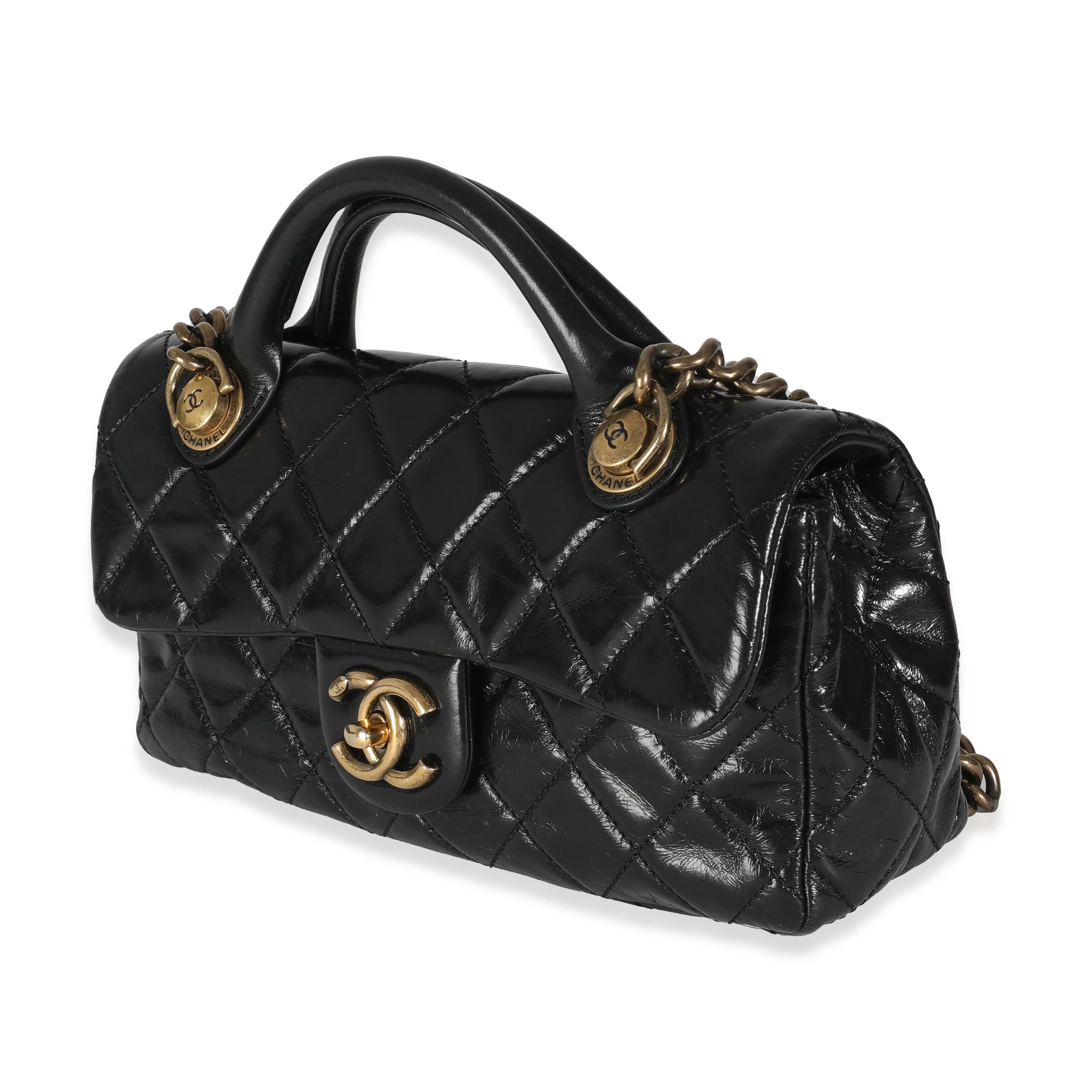 Black Glazed Calfskin Medium Castle Rock Flap Bag