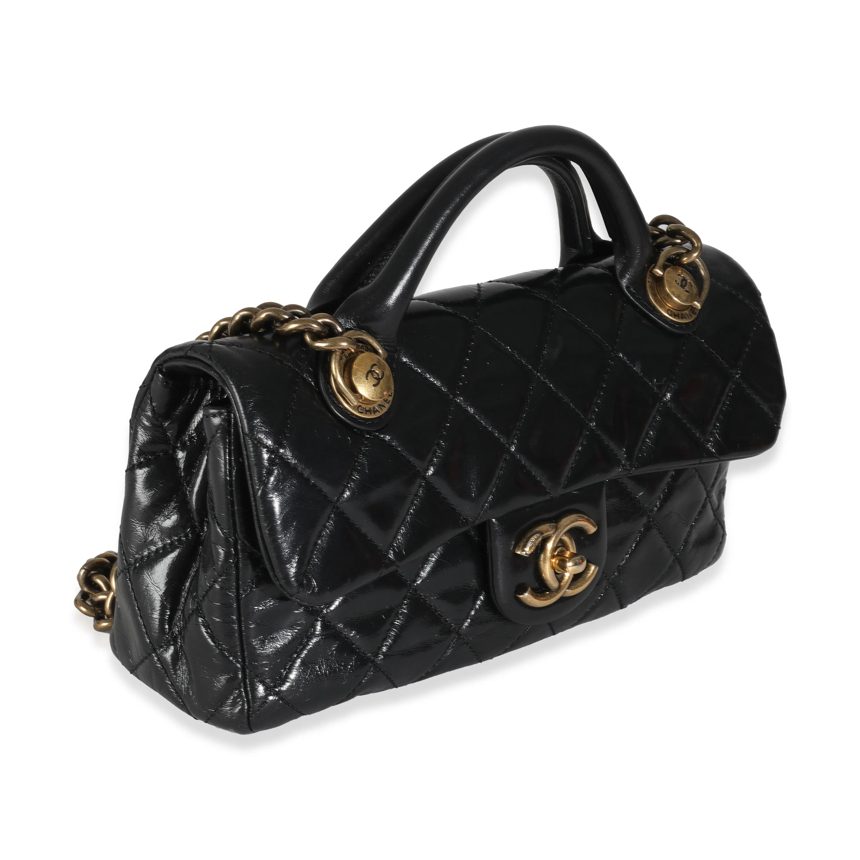 Black Glazed Calfskin Medium Castle Rock Flap Bag