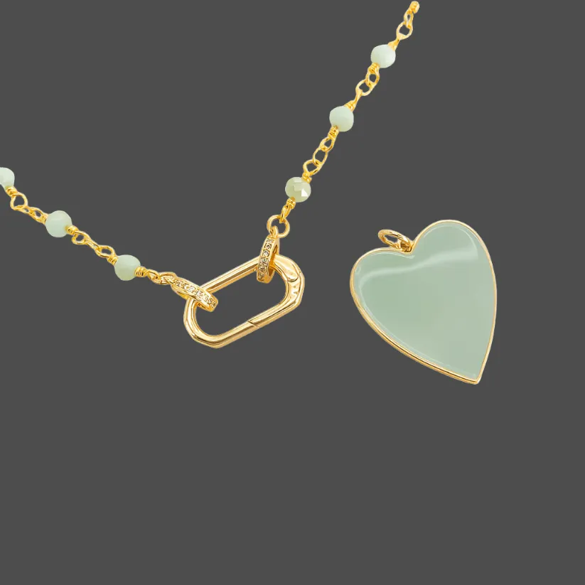 Brass YGP 20" Beaded Necklace with Enamel Heart Pendant