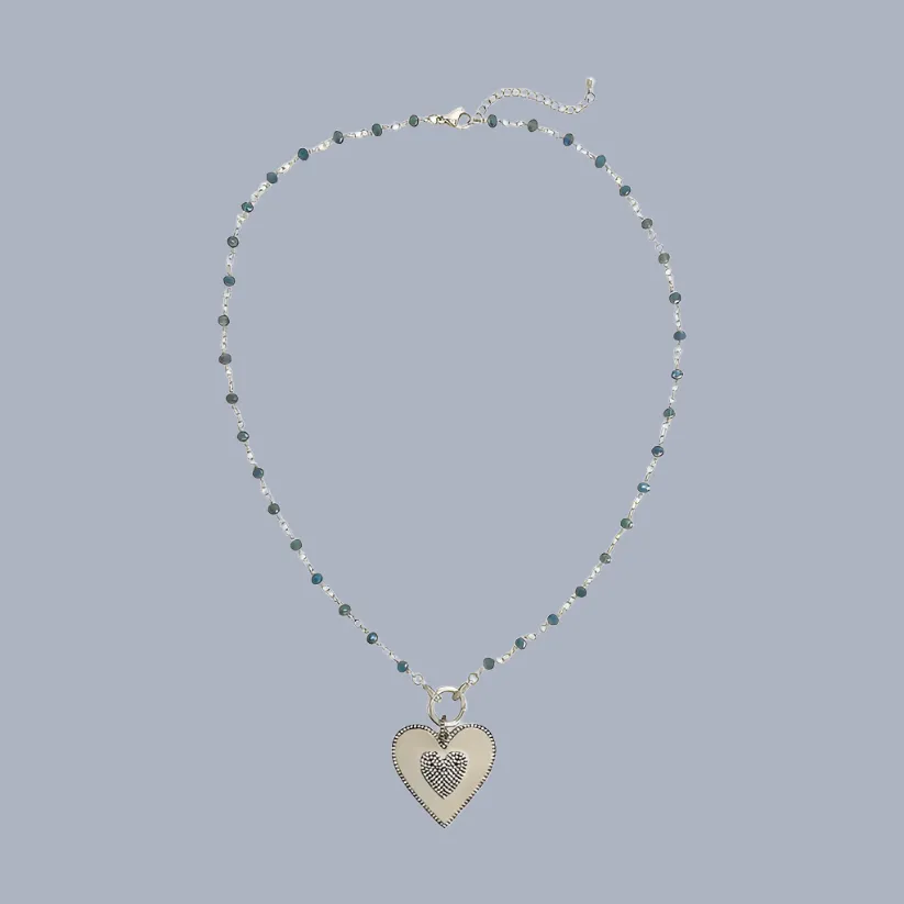 Brass YGP CZ 24" Beaded Necklace with Heart Pendant