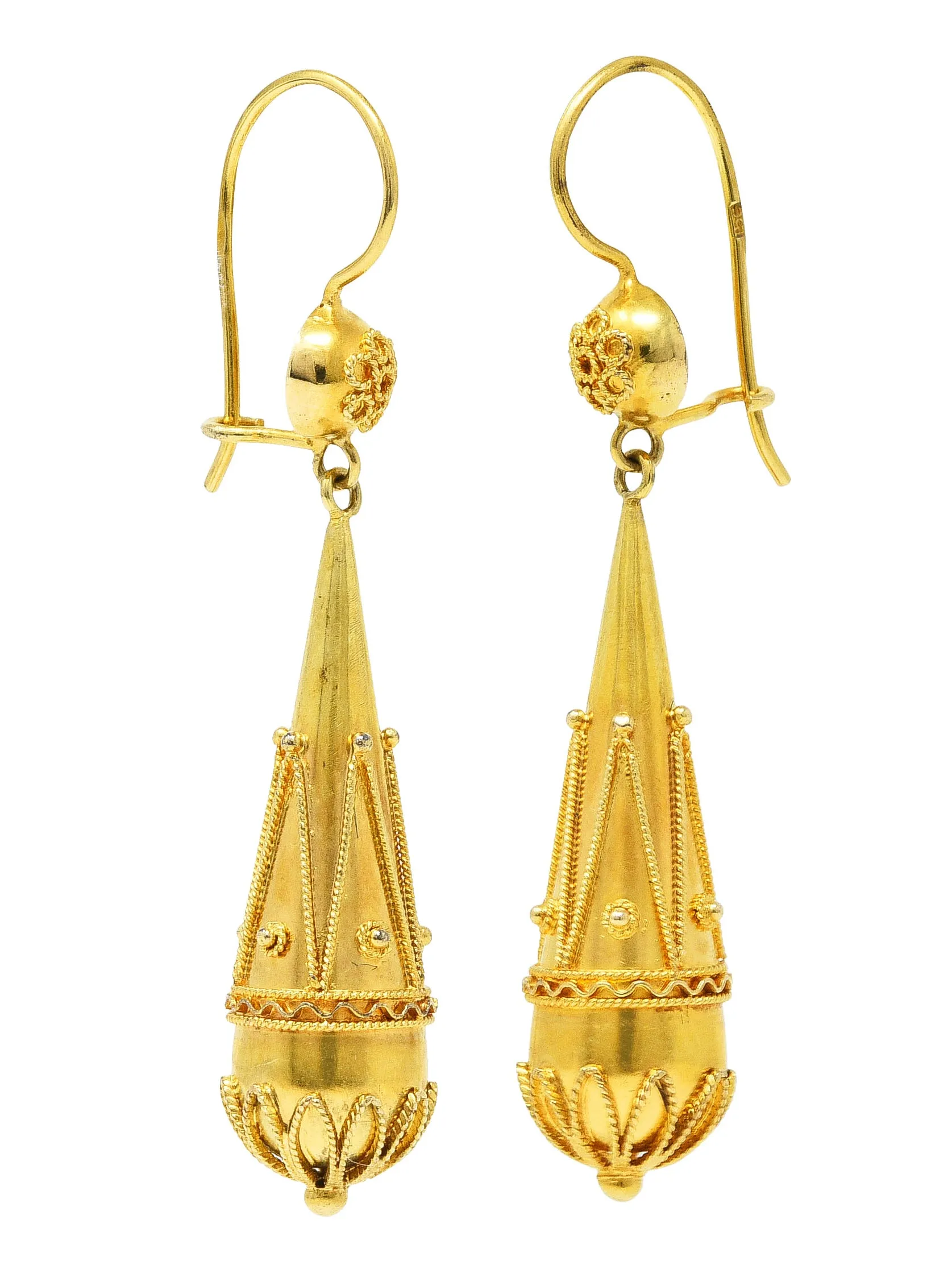British Victorian Etruscan Revival 15 Karat Yellow Gold Drop Earrings