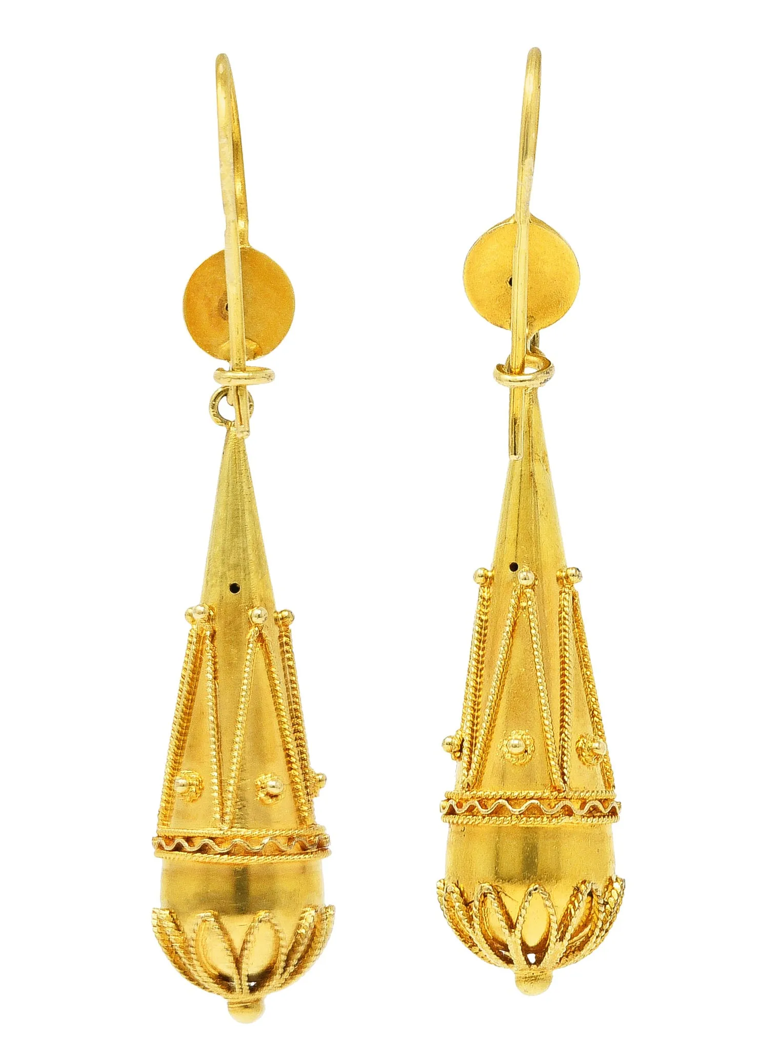British Victorian Etruscan Revival 15 Karat Yellow Gold Drop Earrings