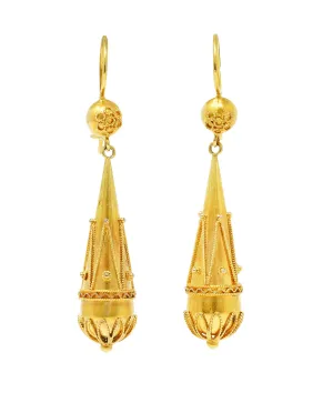 British Victorian Etruscan Revival 15 Karat Yellow Gold Drop Earrings