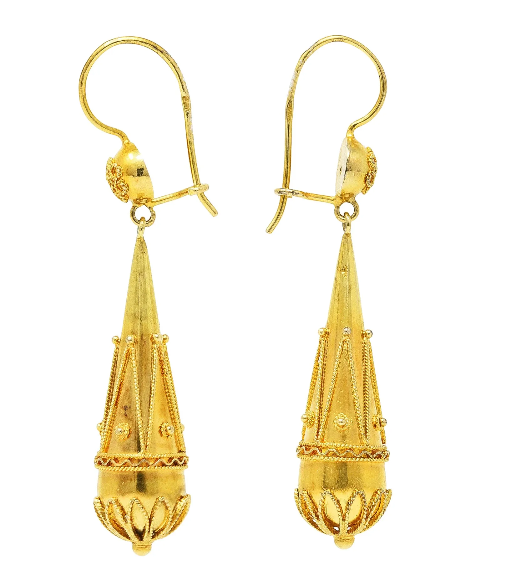 British Victorian Etruscan Revival 15 Karat Yellow Gold Drop Earrings
