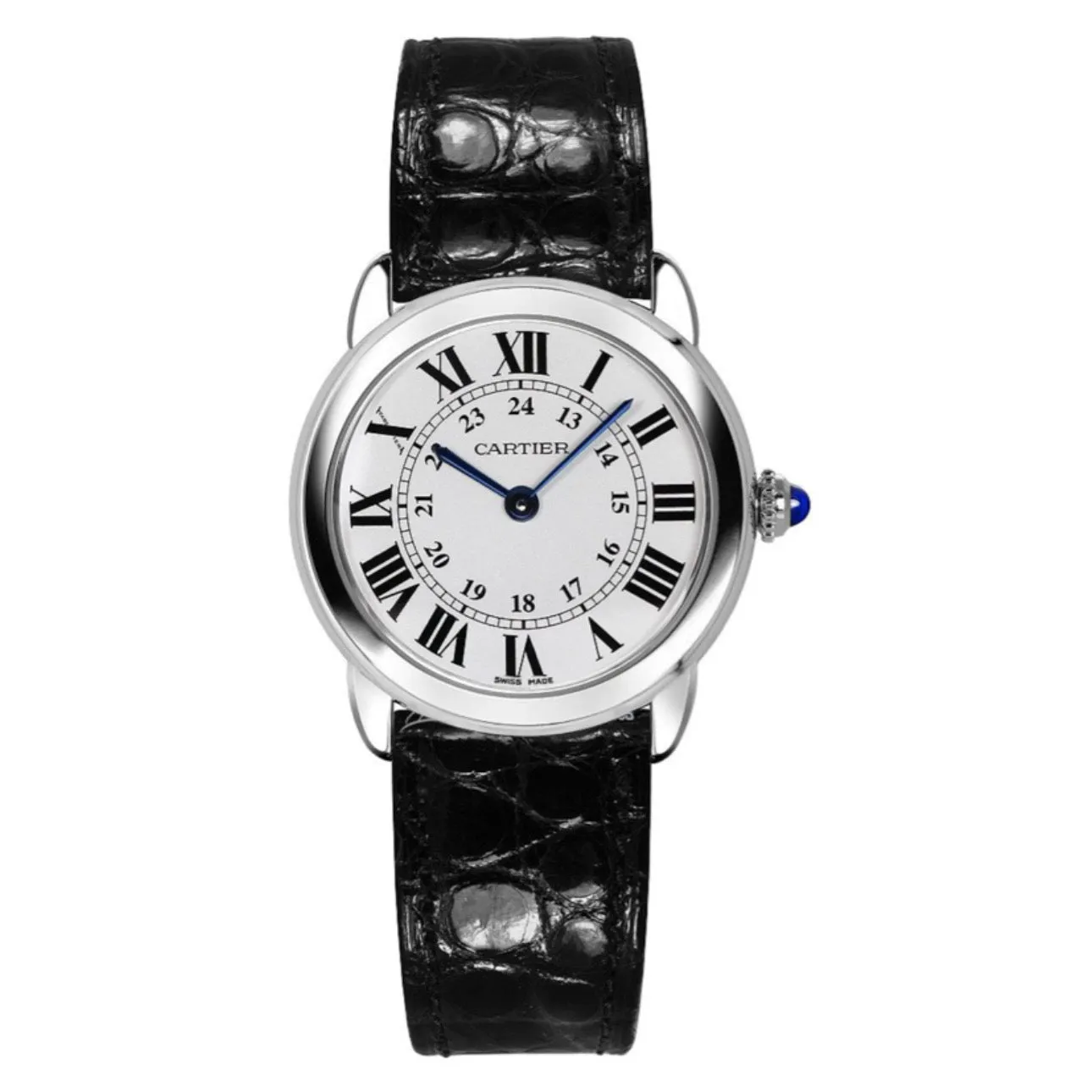 Cartier Ronde Solo de Cartier 29.5mm Women's watch - Ref: W6700155 - Silver Roman & Arabic Dial, Black Leather Strap